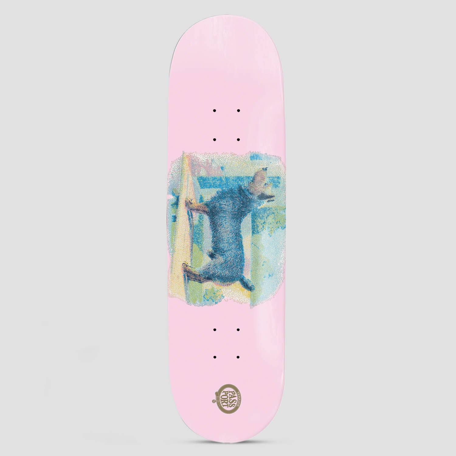 Passport PassPort Hybrid Vigour Series Terrier skateboard deck: Pale pink deck with a stippled, pointillist painting of a shaggy blue-grey terrier standing in profile against pastel blue, green and yellow colour blocks. A small gold crest-style Passport logo sits near the tail.