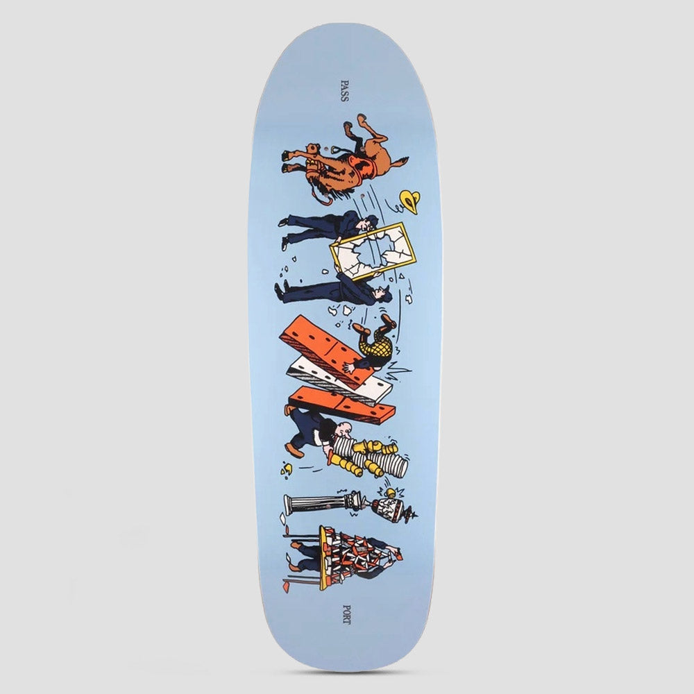 Passport Singles Take Care Spade Shape skateboard deck: A vertical chain-reaction scene of small illustrated figures: a bucking horse, men smashing a mirror, falling dominoes, a toppling stack of coins and a house of cards, on a pale blue spade-shaped deck.