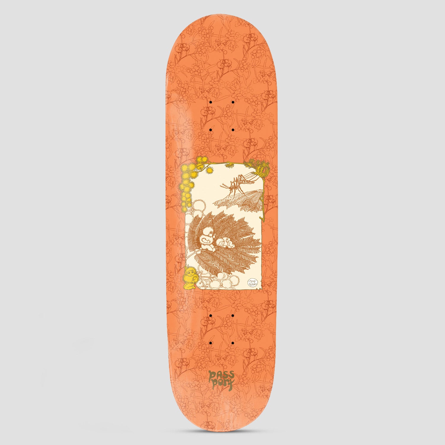 Passport x May Gibbs 8.125 Wattle Baby skateboard deck: Orange deck with a tone-on-tone floral pattern and a cream central panel showing a vintage storybook illustration of gumnut babies on a leaf with wattle blossom and a mosquito. Small Passport logo at the bottom.