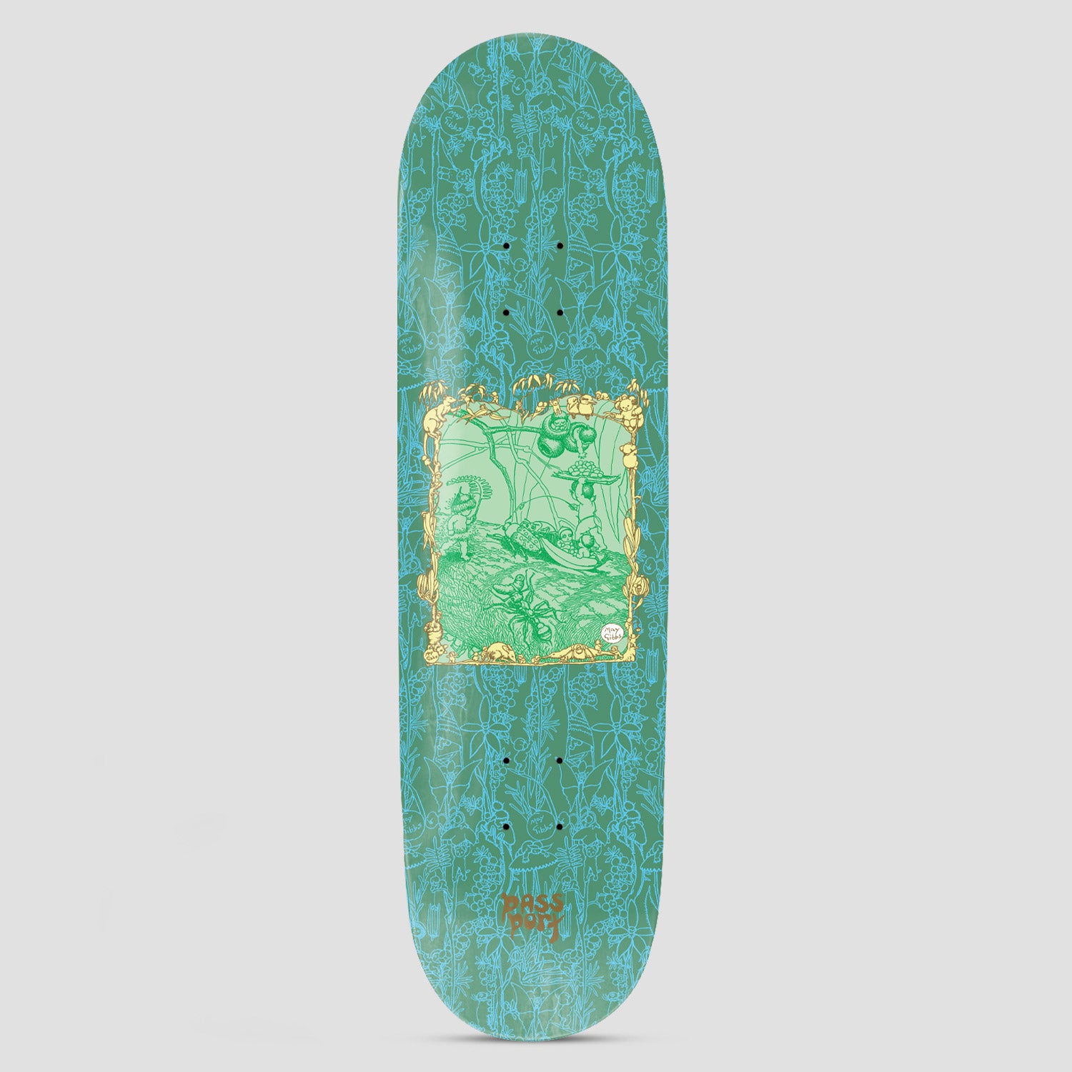 Passport x May Gibbs 8.25 Scribblegum skateboard deck: A framed pale green illustration of gumnut-style bush creatures and a snake among leaves, set in a gold floral border on a teal deck with a blue botanical pattern. Passport logo at the base.