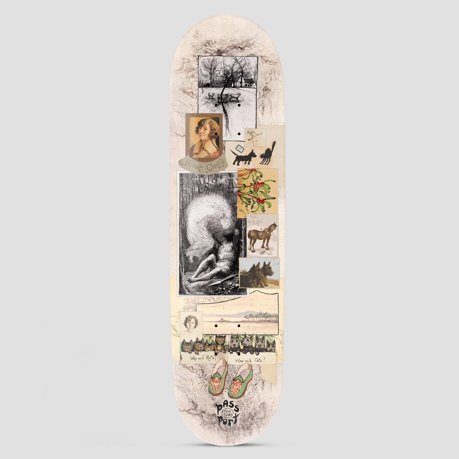 Passport x May Gibbs 8.874 MG skateboard deck: Vintage-style collage on a cream ground: sepia portraits, a black cat and dog silhouette, mistletoe, a horse, dogs, a row of cats, a winter landscape, a woman with flowing hair and a pair of green slippers, with a Passport logo at the foot.