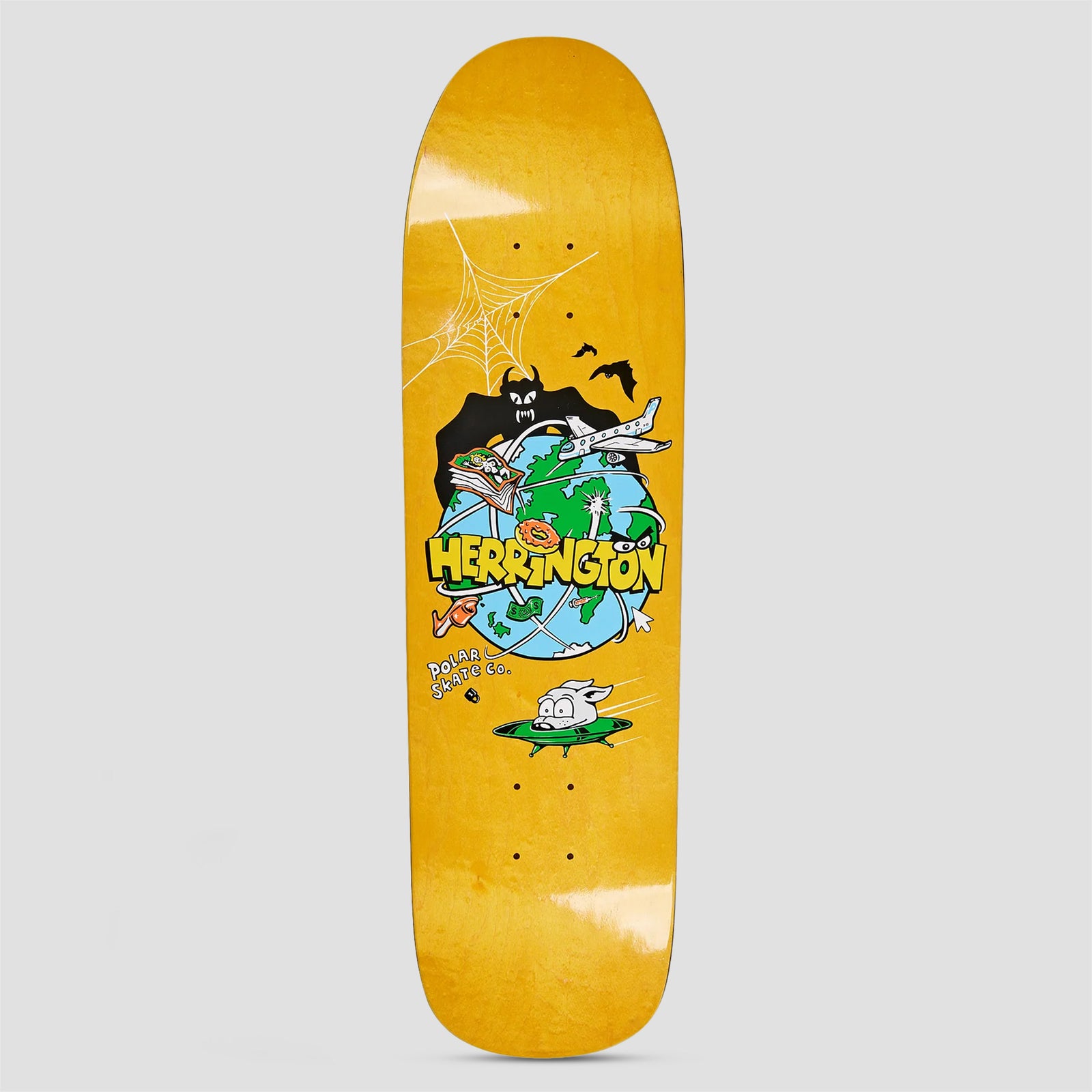 Polar 1991 Jr Aaron Herrington Planet Herrington skateboard deck: A cartoon globe with a black bat creature, aeroplane, donut, pizza slice and pointing hand around the name Herrington in yellow lettering, with a spider web at the nose and a small flying saucer pig below. Polar Skate Co. logo; orange stain.