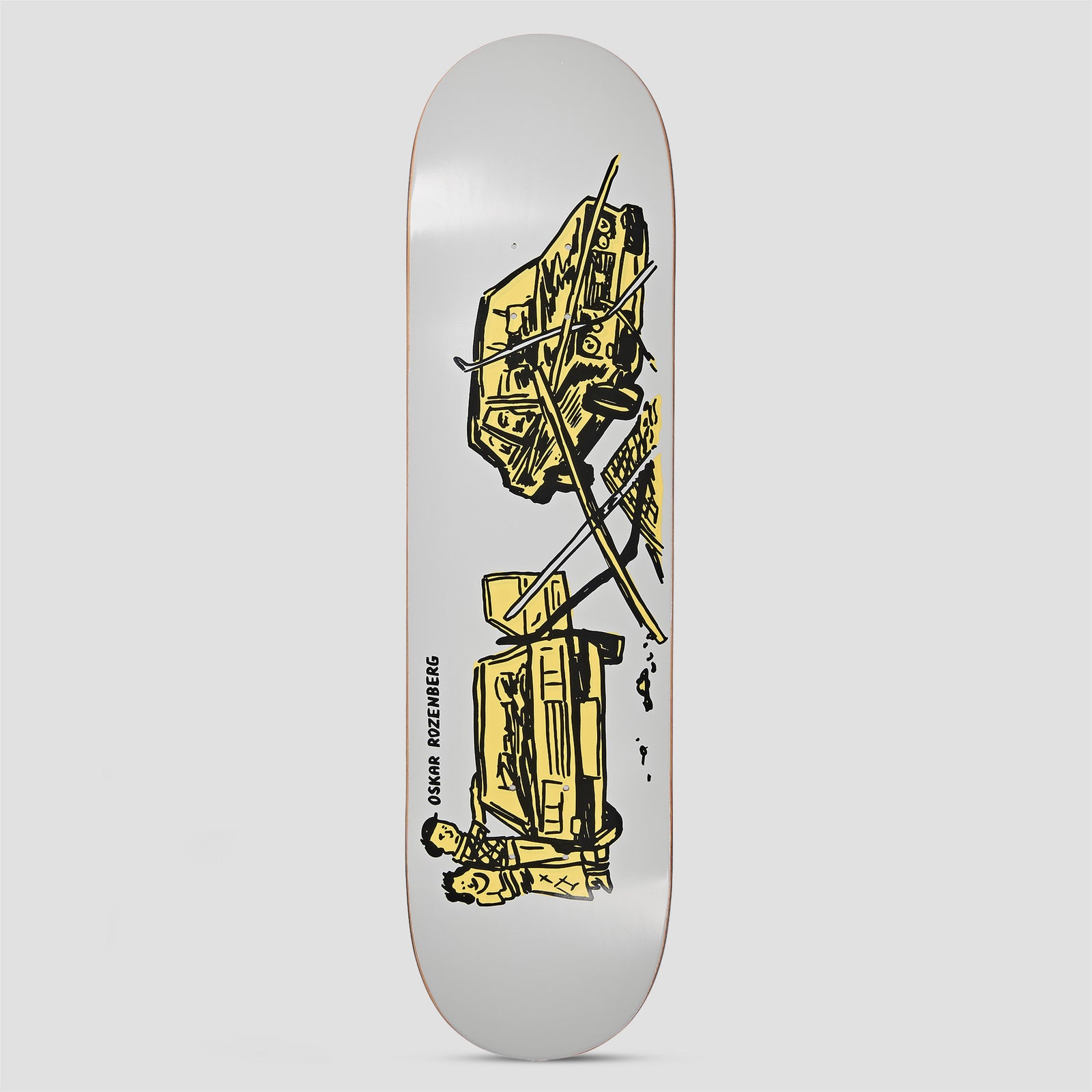 Polar Oskar Rozenberg Drivers License Grey skateboard deck: Loose line drawing in black with pale yellow fill of two crashed cars, one flipped over, with broken barriers and two small standing figures nearby, on a light grey deck. Oskar Rozenberg printed vertically.