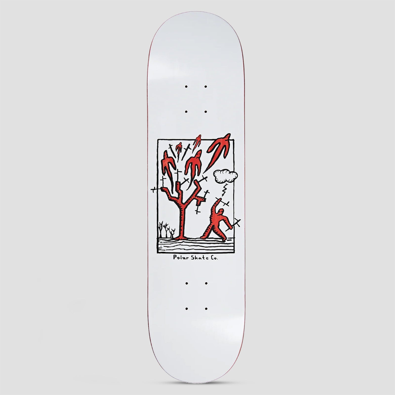 Polar Team Heaven White skateboard deck: Naive black-outline drawing in a box on a white deck: a red figure with a raised arm beside a bare red tree whose branches hold crosses, with red bird-like figures flying above and a small storm cloud.