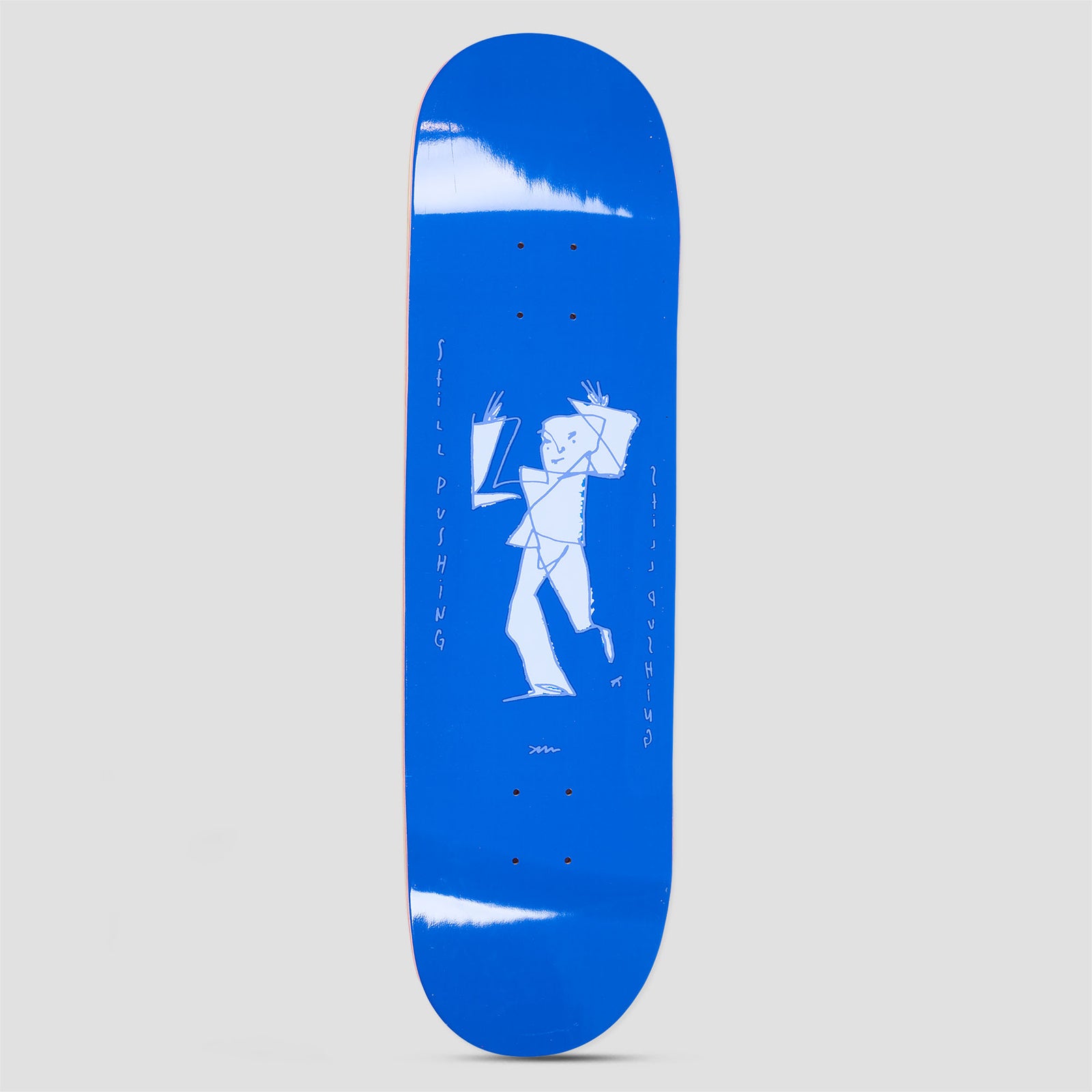 Polar Team / Alv Still Pushing skateboard deck: Pale line drawing of a loose, angular figure striding with one arm raised, on a solid royal blue deck. Hand-written Still Pushing runs down either side, mirrored.