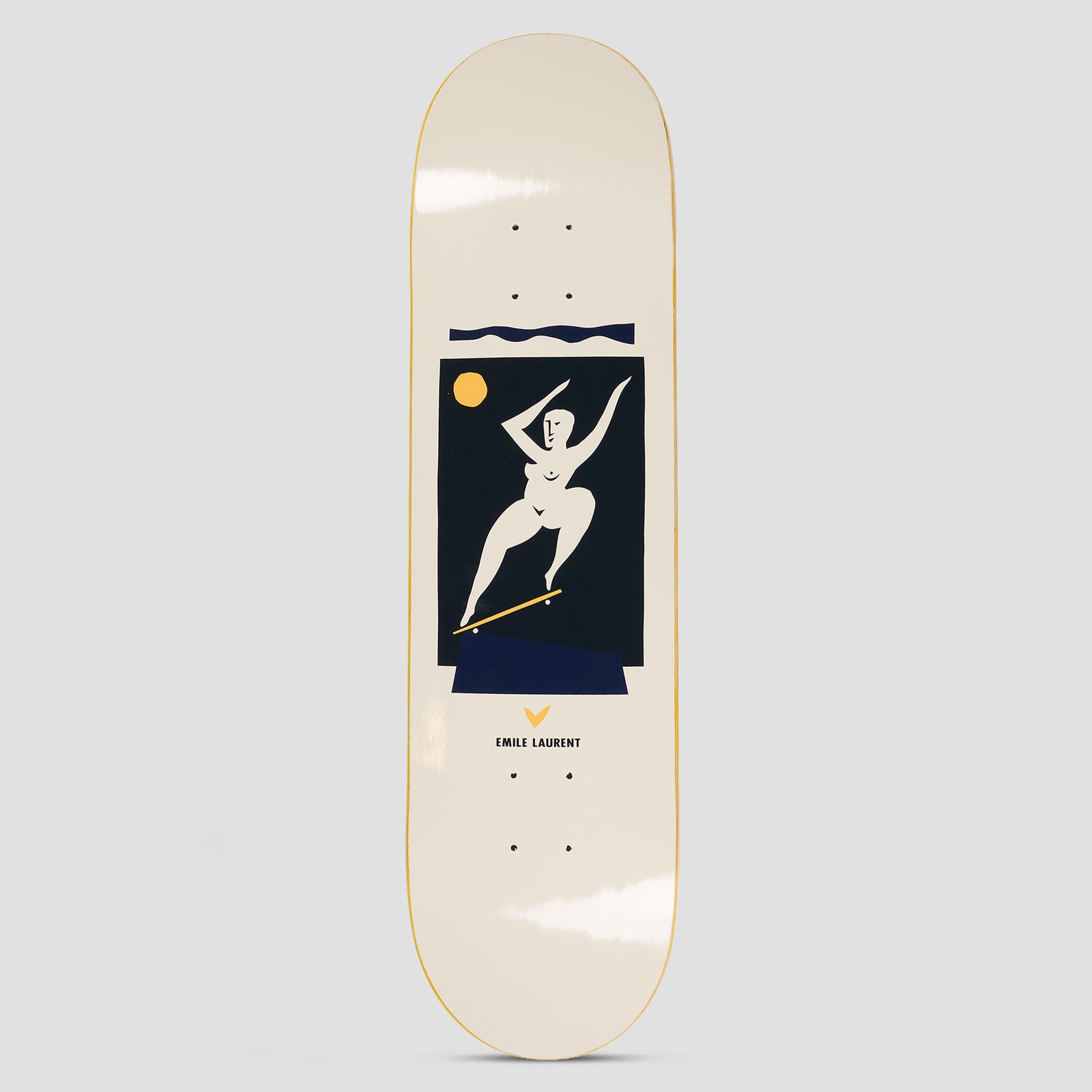 Polar Emile Laurent Crooks Cream skateboard deck: Cream silhouette of a nude woman with arms raised, riding a skateboard in a dark navy panel with an orange sun and a wavy sea band above. Flat, minimal illustration with the rider's name beneath on a cream deck.