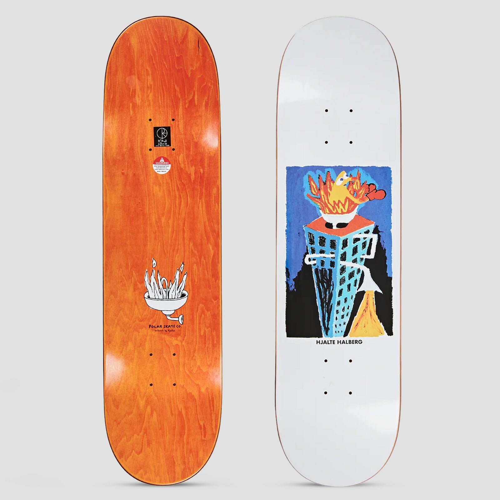 Polar Hjalte Halberg Burning Sink White skateboard deck: A rough, painterly picture of a blue building topped with a burning bowl of orange flames, with black and yellow shapes below, framed on a white deck. The rider name sits beneath. The underside shows a white flaming sink drawing on orange.