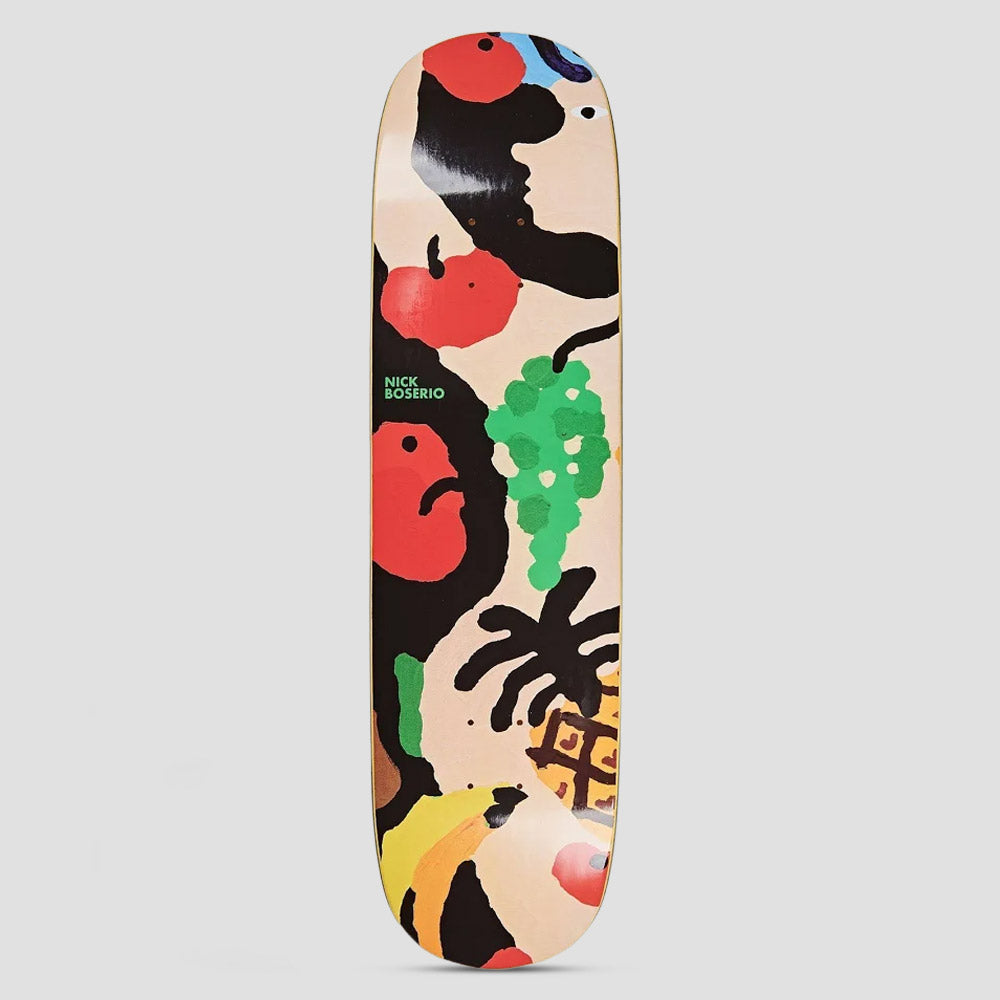 Polar Nick Boserio Fruit Lady P2 skateboard deck: A loose, childlike painting of fruit including red apples, green grapes, a pineapple and a banana, with black shapes suggesting a woman's profile, on a cream background. A small green Nick Boserio name appears at left.