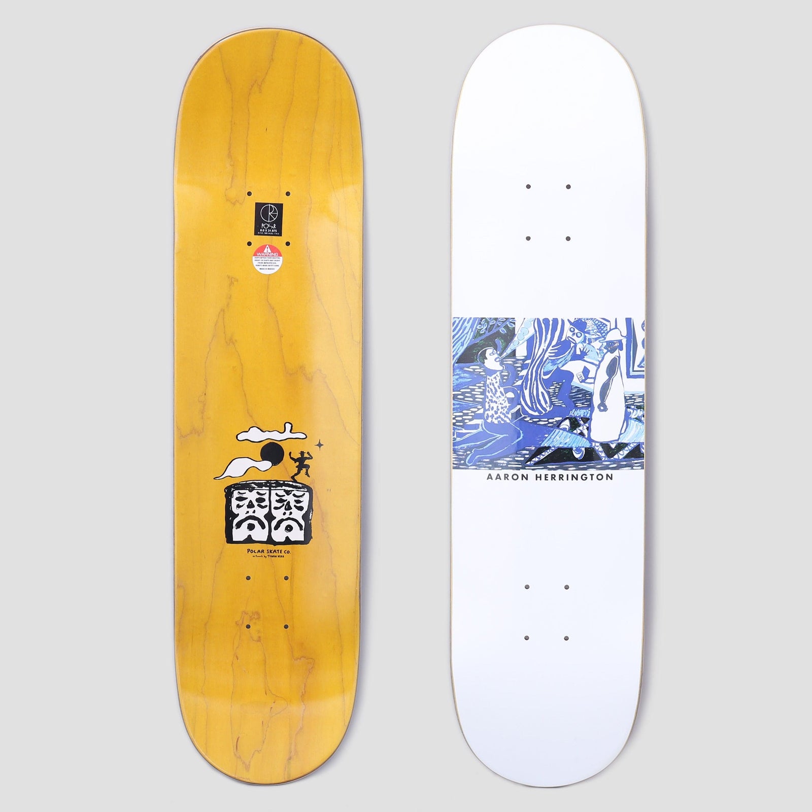 Polar Aaron Herrington Serenade White skateboard deck: A blue and white woodcut-style scene of figures in a busy interior sits in a rectangle on a white deck, with the rider name below. The underside shows a small black mask-like logo with a running figure and sun.