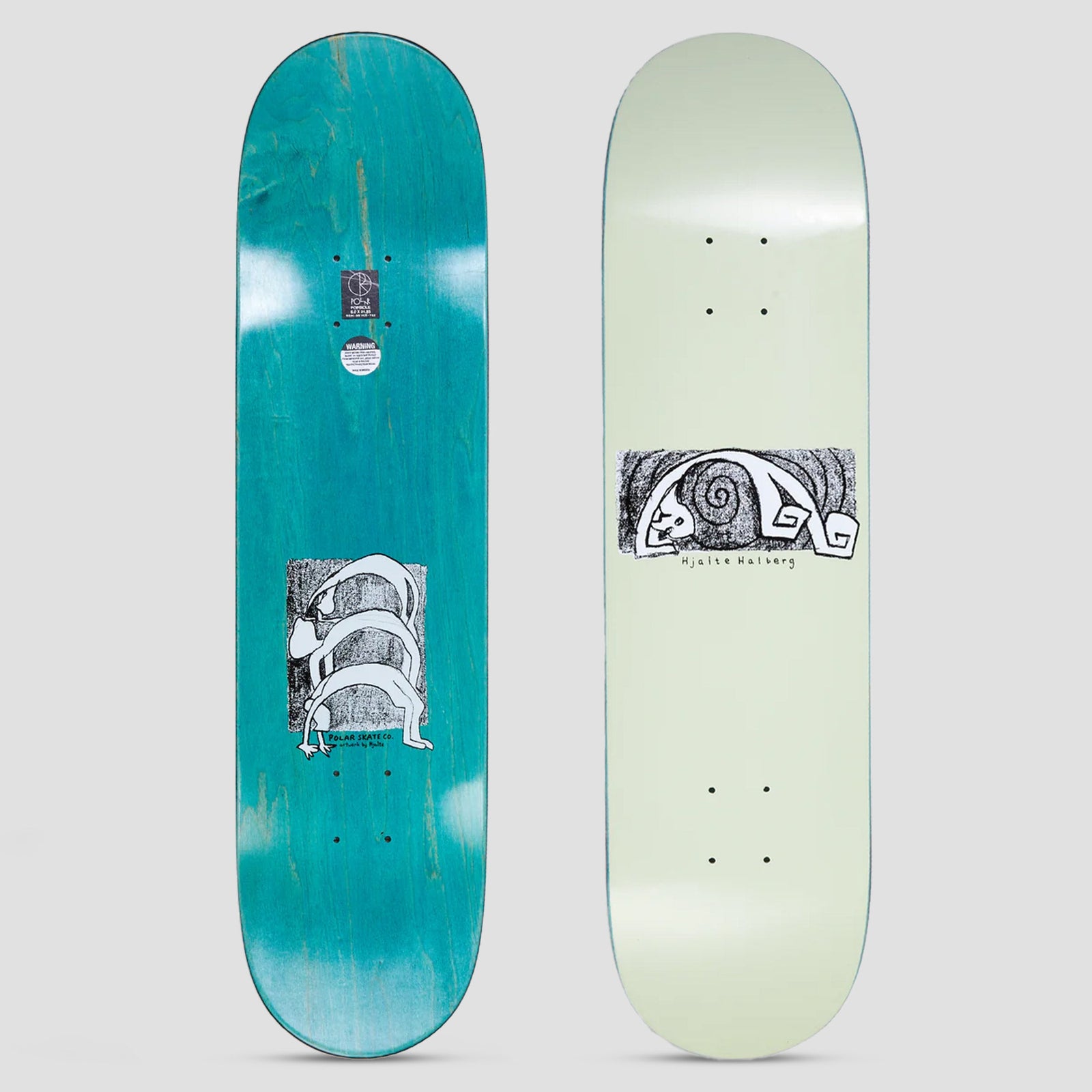 Polar Hjalte Halberg Yoga Trippin Mint skateboard deck: Small black and white scratchy print of a pale, long-limbed figure bent into a yoga arch beside a spiral, framed in a rectangle on a pale mint deck. Underside shows the same image on teal stain.