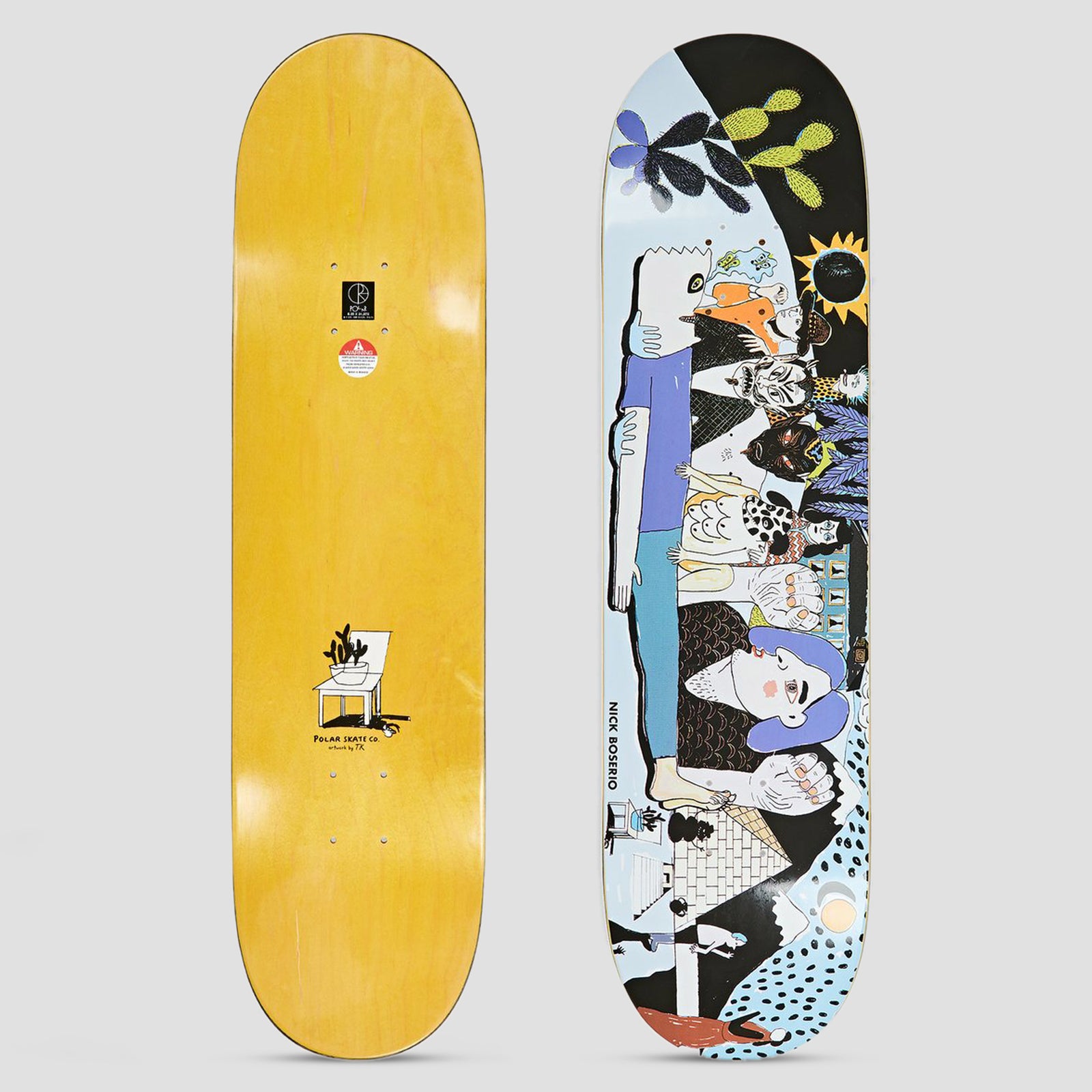 Polar Nick Boserio Group Healing skateboard deck: Busy flat-colour illustration of a row of odd, stylised figures and faces lined up along the deck, with cacti, a sun and dotted patterns around them, in blue, black, cream and orange. 'Nick Boserio' printed up the side. Yellow underside with cactus and chair drawing also shown.