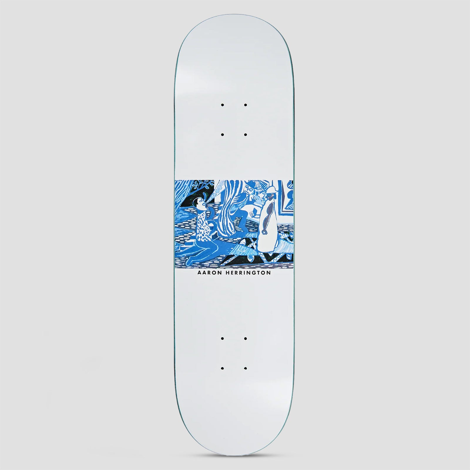 Polar Aaron Herrington Serenade skateboard deck: White deck with a central rectangular panel of a busy blue and black line illustration of figures in a decorated interior, one seemingly serenading. The rider's name is printed in small capitals beneath.