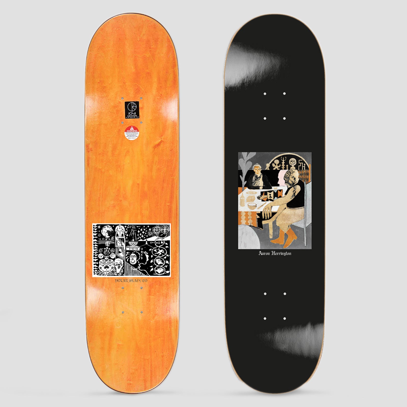 Polar Aaron Herrington Tea Riders skateboard deck: A folk-art style illustration of two figures at a table, one tattooed and seated, with symbols above them, in muted orange, grey and black. The photo also shows the underside with a black and white print.