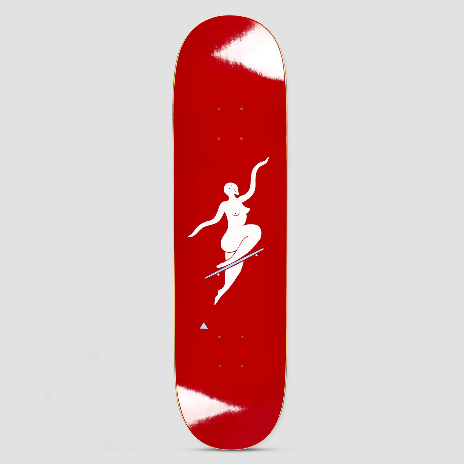 Polar Team Model No Complies Red skateboard deck: Deep red deck with a simple white figure of a nude woman in a leaping pose on a skateboard, one arm raised. A tiny pale blue triangle sits near the tail.