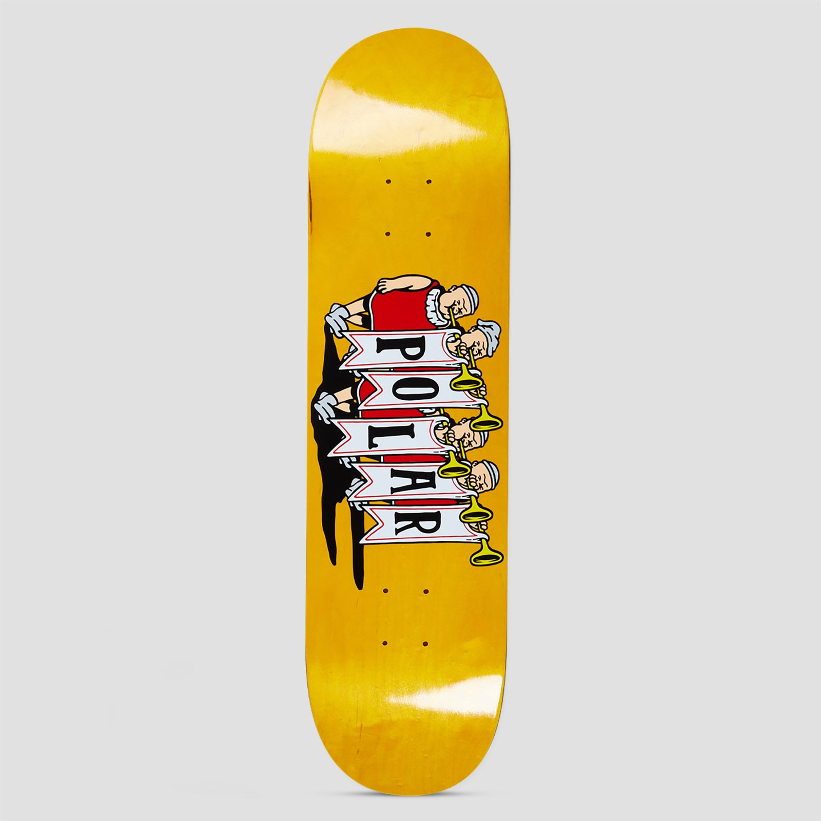 Polar Trumpets Team Model skateboard deck: Four cartoon heralds in ruffs and red tunics blowing long trumpets, each holding a banner so that together they spell Polar. Black and white banners on a yellow-stained deck.