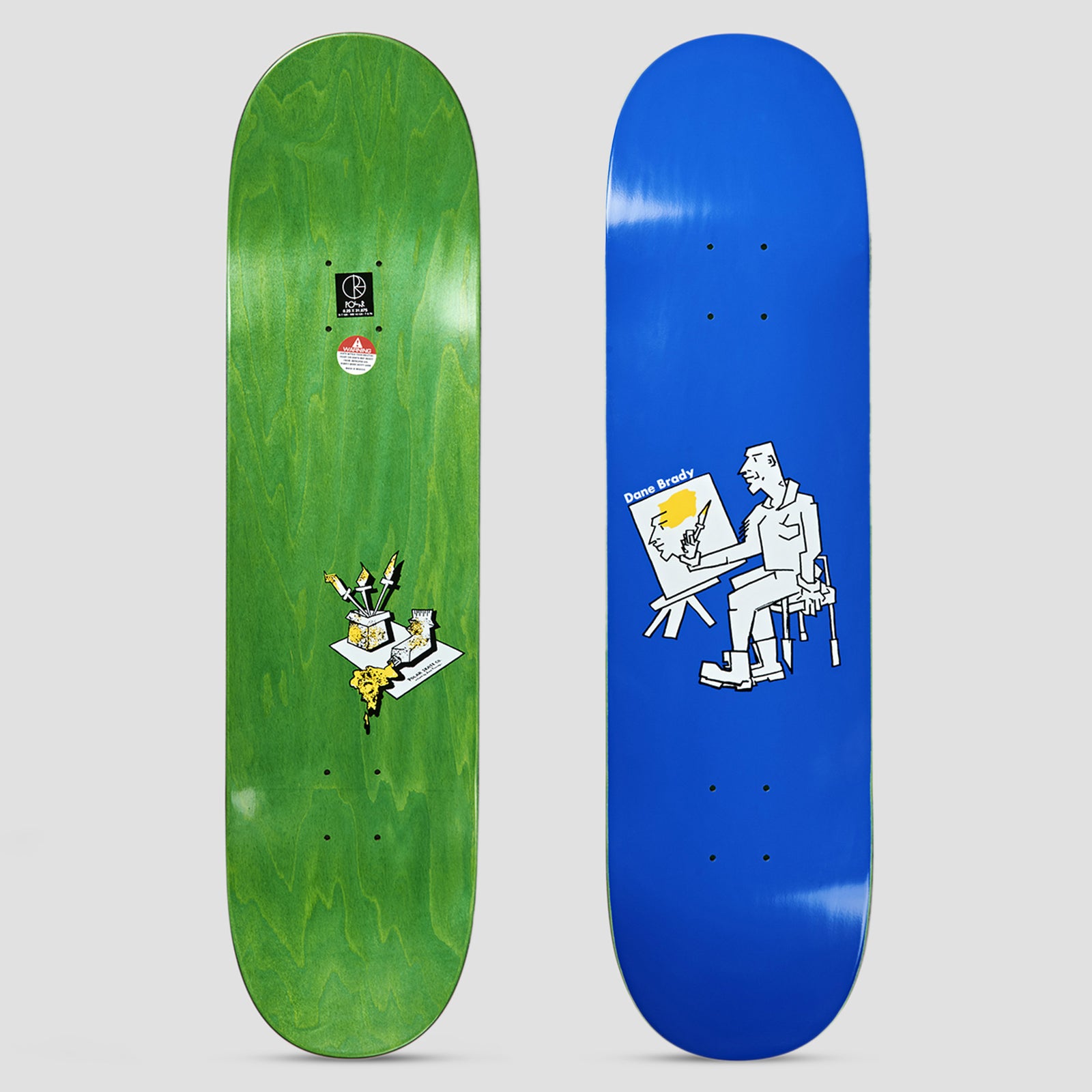 Polar Dane Brady Painter Blue skateboard deck: Line drawing of a seated painter in work boots with a brush at an easel bearing a portrait and a yellow daub, in white and grey on a royal blue deck. The green underside shows a small paint-pots drawing.