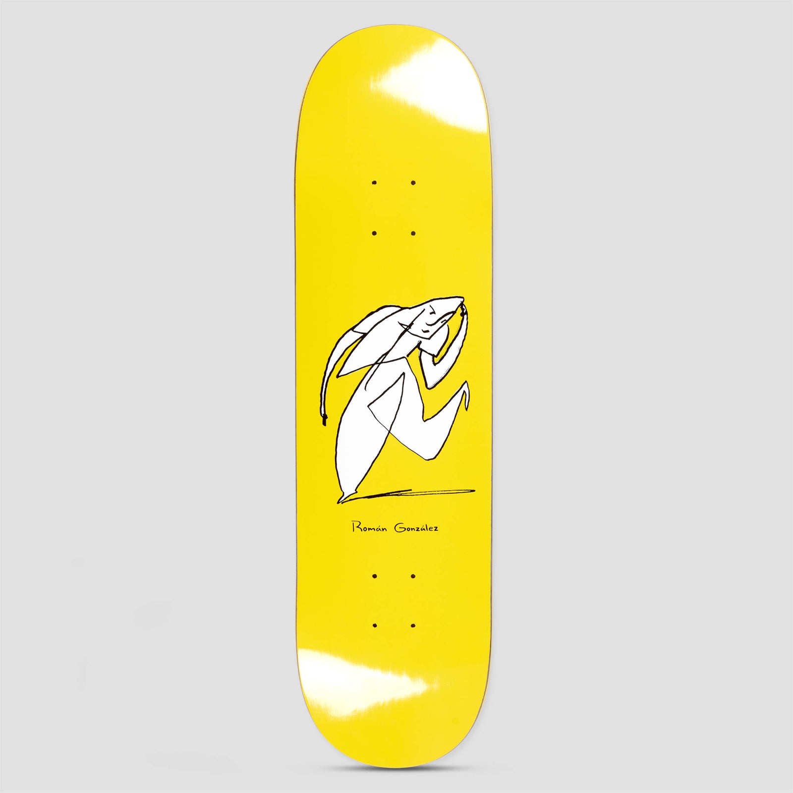 Polar Roman Gonzalez Stay In Motion Yellow skateboard deck: Bright yellow deck with a loose white and black line drawing of a long-eared, rabbit-like figure running with a hand to its head. Small black 'Román González' signature below.