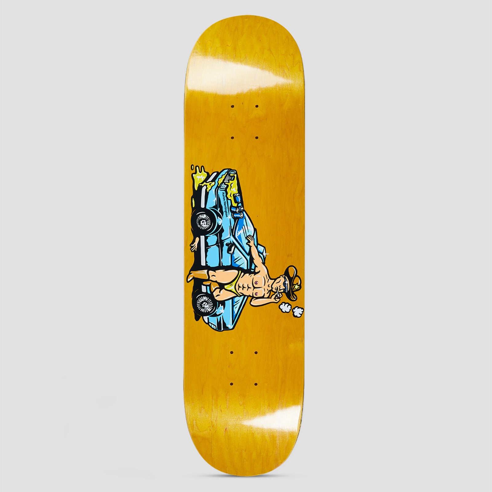 Polar Aaron Herrington Cowboy Cop skateboard deck: A cartoon muscular figure in a police cap and yellow briefs leaning against a blue lowrider police car dripping yellow paint, on a mustard-stained deck.