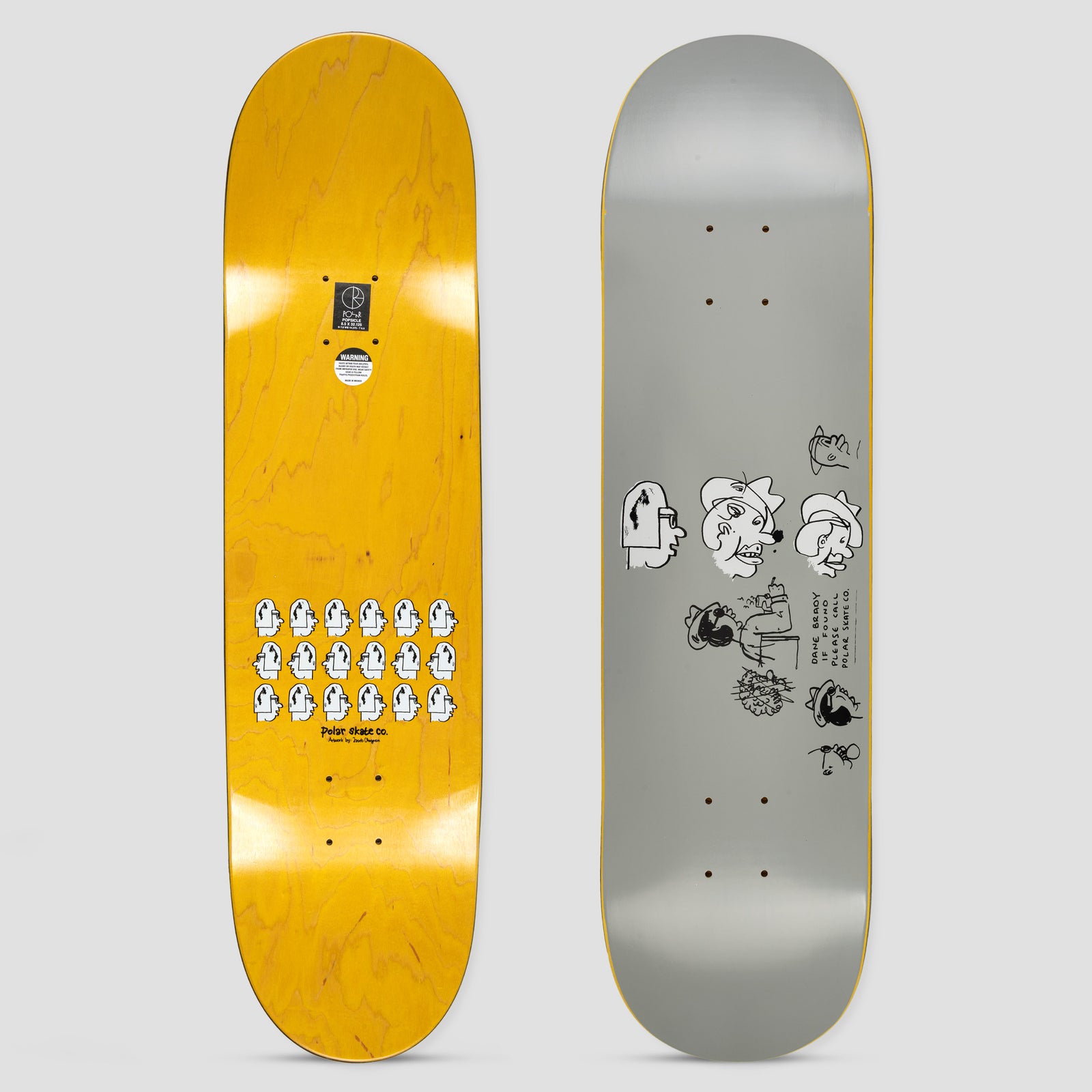 Polar Dane Brady Mia Grey skateboard deck: Grey deck with loose black line drawings of cartoon heads in hats and a handwritten note about Dane Brady being missing. The other view shows rows of small white heads on a yellow underside.