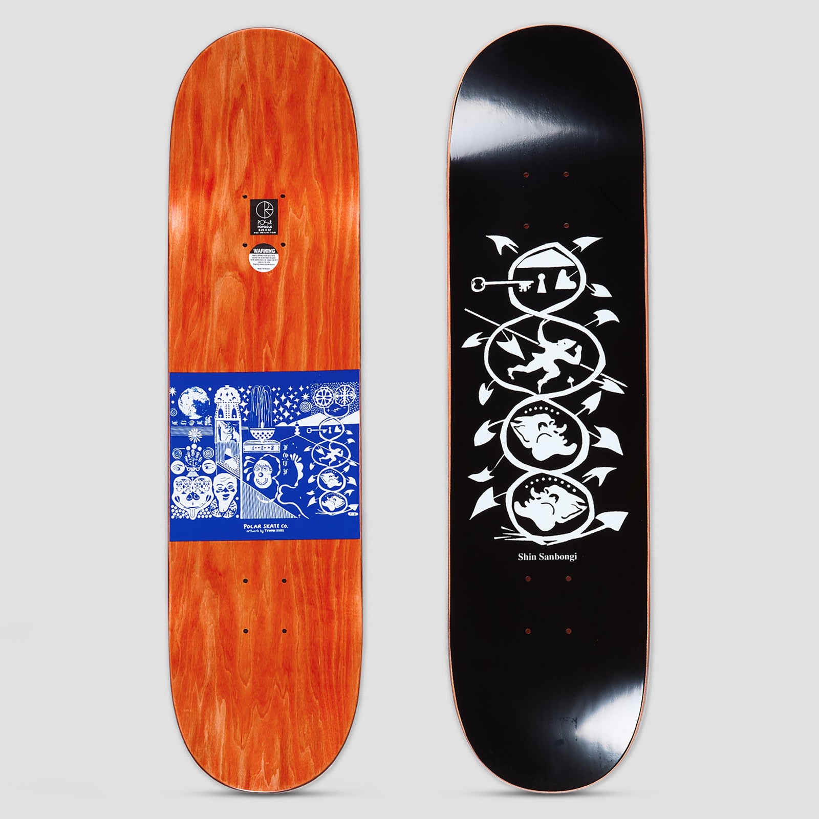 Polar Shin Sanbongi The Spiral of Life skateboard deck: White line illustration on black of a figure-eight chain of circles containing a key, a running figure and two animal heads, ringed with leaf-like arrows. A blue collage panel appears on the underside.