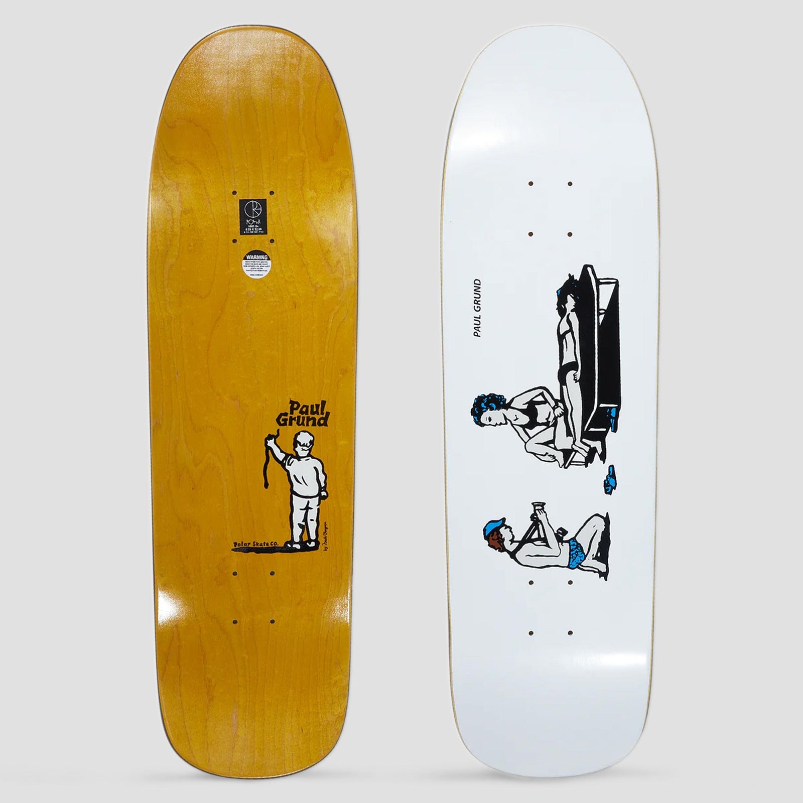 Polar 1991 Paul Grund Photographer White skateboard deck: Simple blue and black drawing on white: a woman sits by a low table with a standing man while another figure in a blue cap lies back taking a photo. The underside shows a small boy holding a rope.