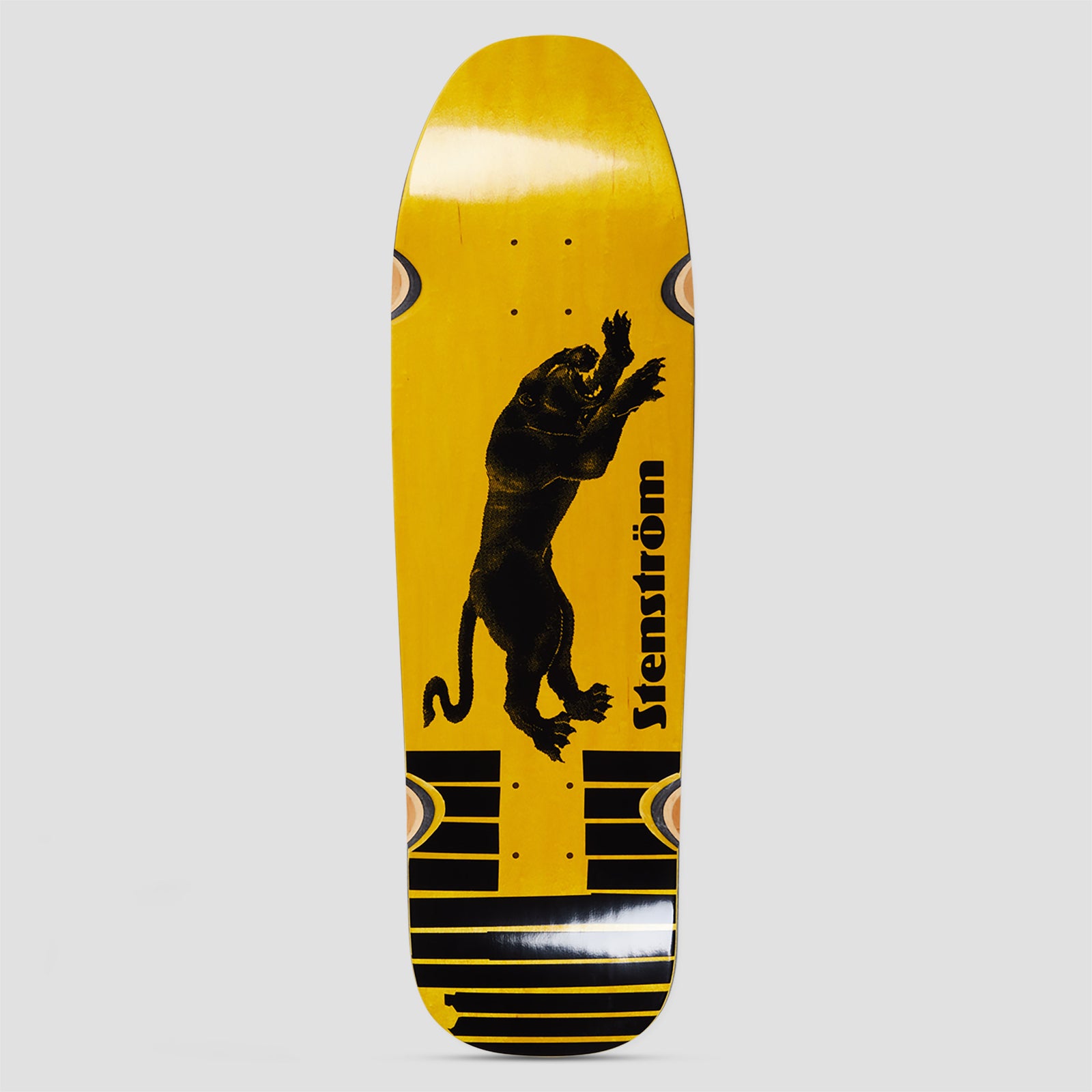 Polar D1 Shape Wheel Wells David Stenstrom Tape and Panther skateboard deck: Black halftone panther rearing up on its hind legs on a mustard yellow deck, with 'Stenström' printed vertically beside it. Black and gold horizontal bars and oval motifs near the tail and wheel wells.