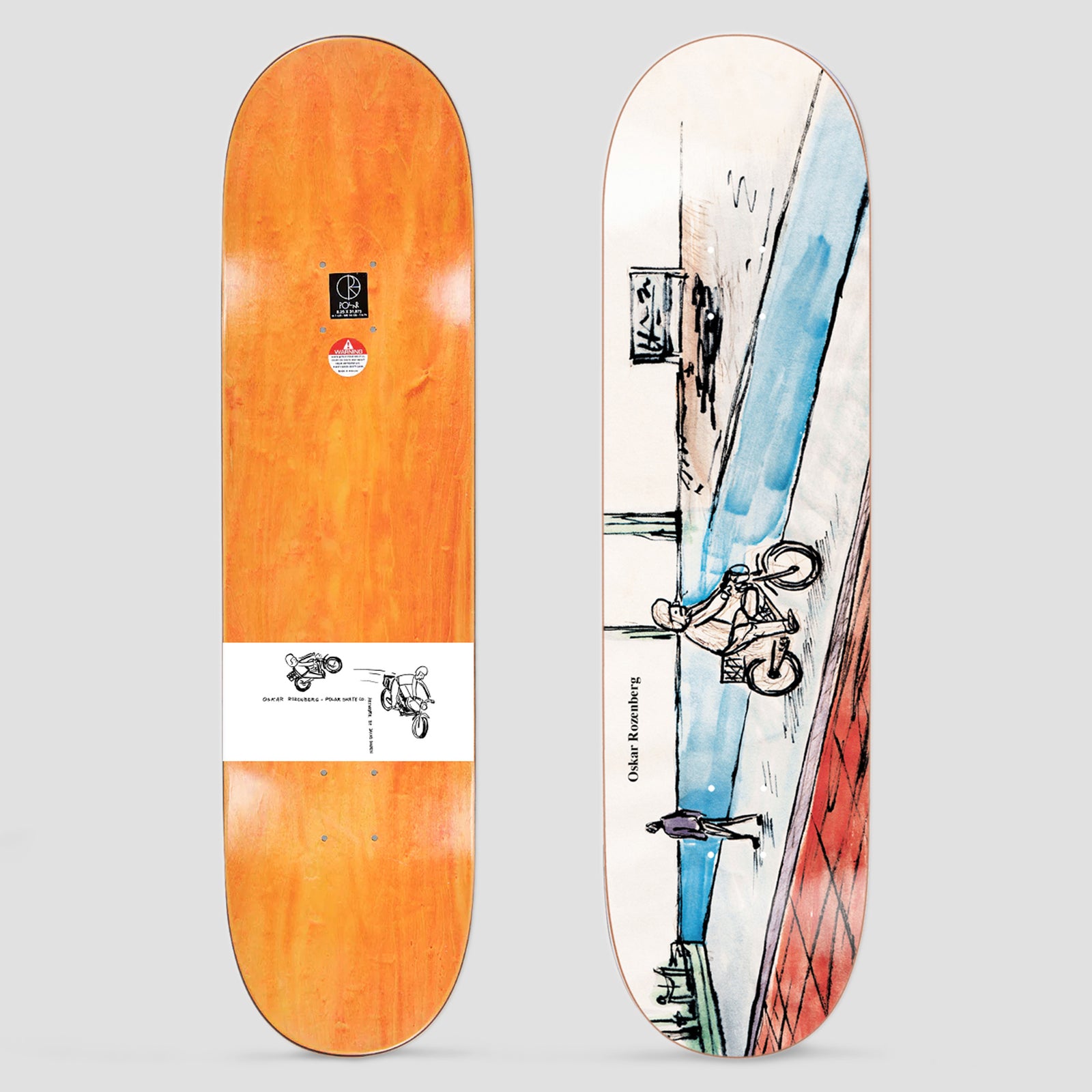 Polar Oskar 8.25 Rozenberg West Harbour skateboard deck: Loose ink and watercolour sketch of a cyclist riding along a harbour edge beside blue water, with a small figure walking and a red-tiled quay at the right. Oskar Rozenberg printed vertically. The underside has a white label with drawn motorbike sketches.