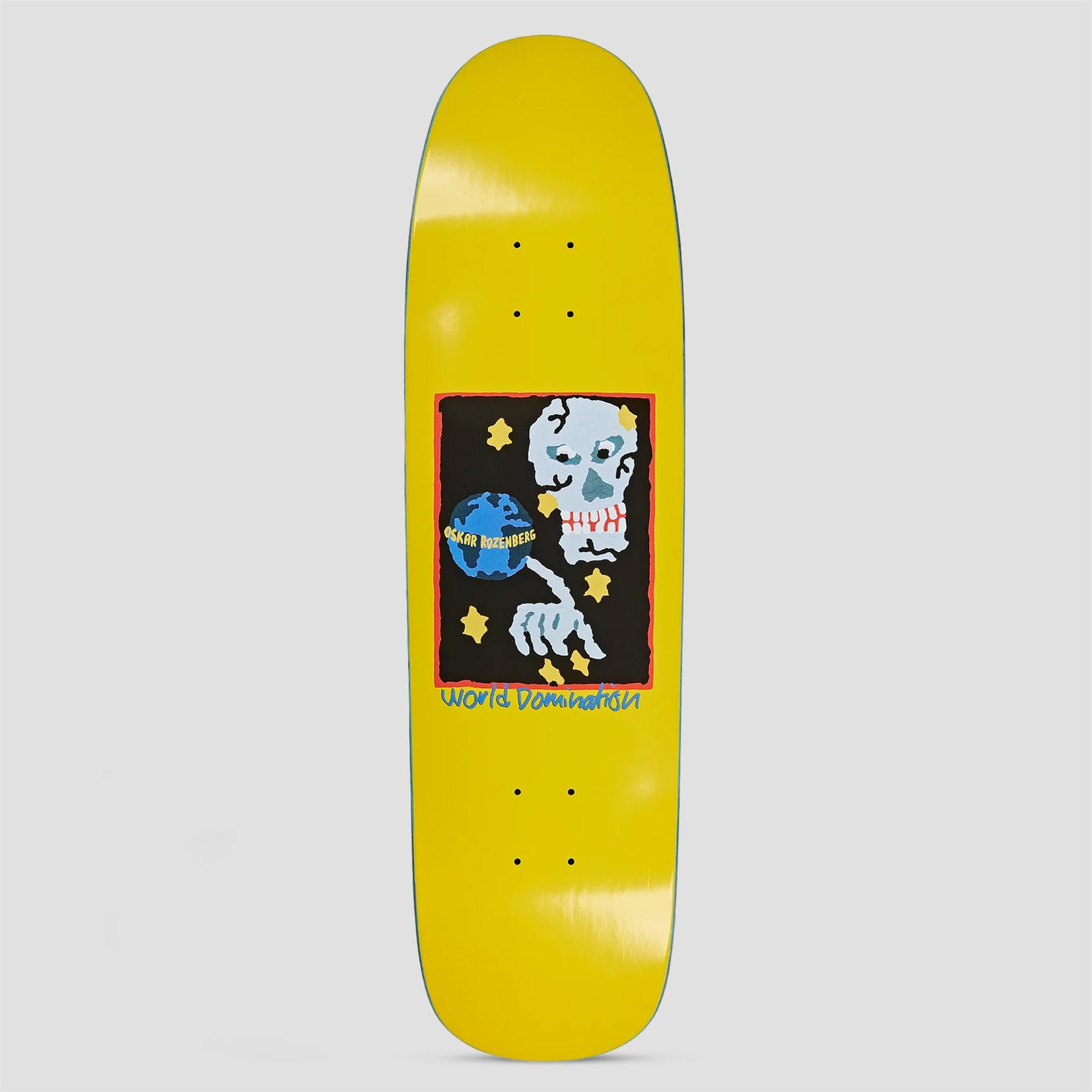 Polar P9 Shape Oskar Rozenberg World Domination Yellow skateboard deck: Naive painted panel on a yellow deck showing a pale skull with stitched teeth and a skeletal hand reaching towards a small globe among yellow stars, in a red-bordered black frame. Handwritten title beneath.