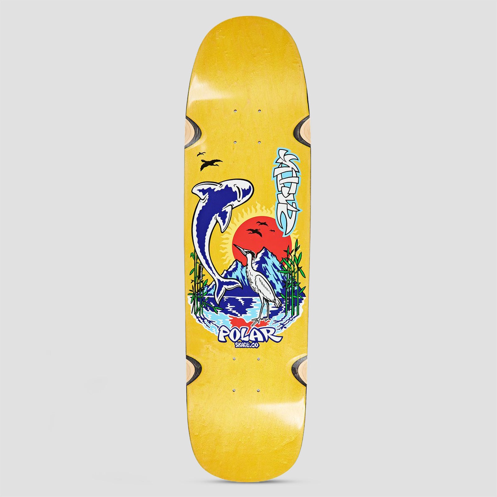Polar P9 Shape Shin Sanbongi Mt. Fuji Wheel Wells skateboard deck: Japanese-inspired scene of a blue shark leaping beside a heron, with a snowy mountain, red sun and bamboo, on a yellow wheel-welled deck. Graffiti-style name lettering and Polar Skate Co. logo.