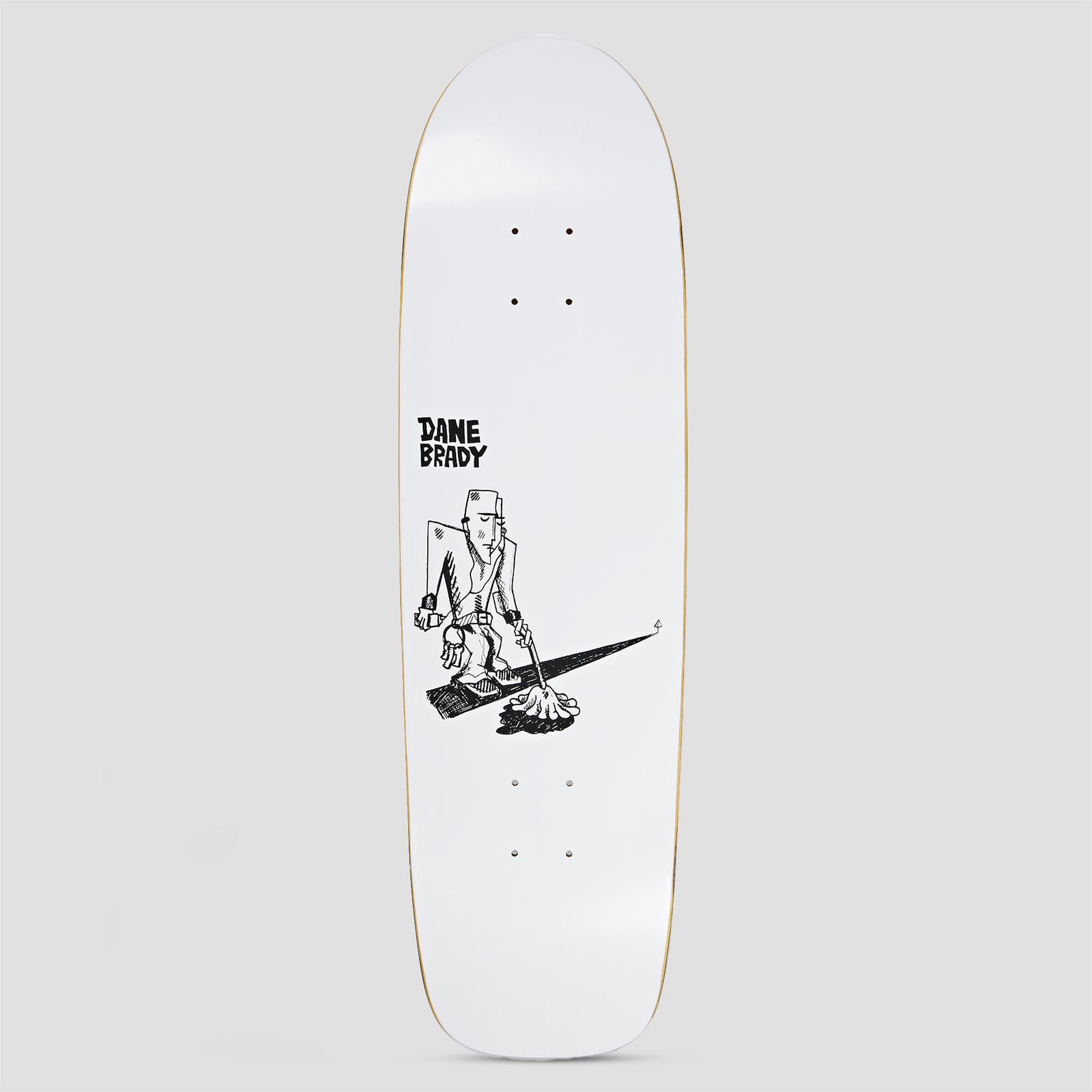 Polar Surf Jr Dane Brady Mopping White skateboard deck: Black line drawing of a hunched figure in a hat and coat mopping the floor, with a long shadow, on a plain white deck. The rider's name is in hand-lettered caps above.