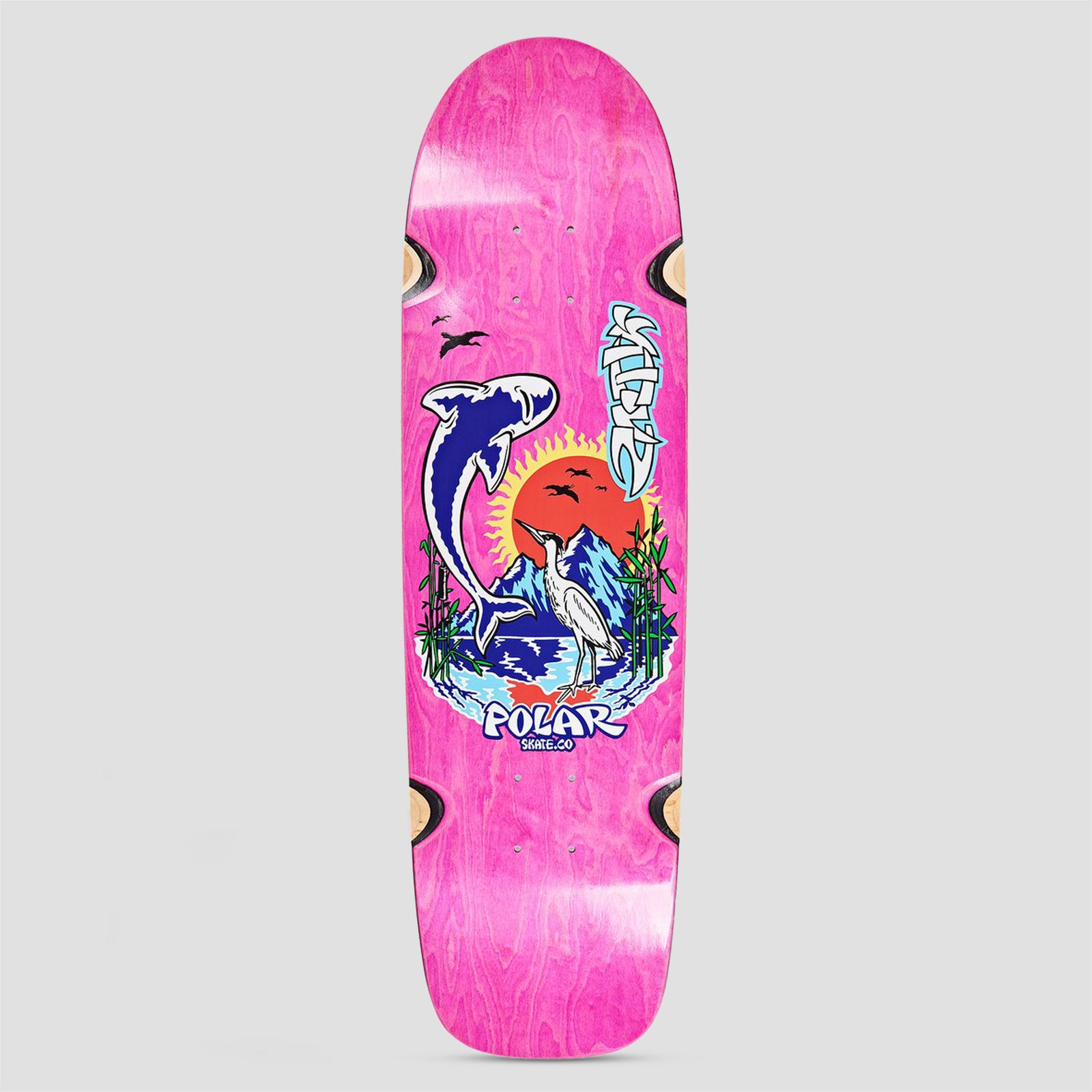 Polar Surf Jr Shin Sanbongi Mt. Fuji Wheel Wells skateboard deck: Pink-stained shaped deck with wheel wells, showing a leaping shark and a heron beneath a red sun and blue mountain, framed by bamboo and birds. Graffiti-style lettering above and Polar Skate Co logo below.