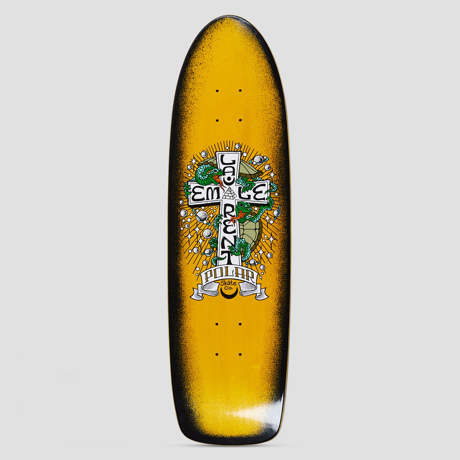 Polar T-Shape Emile Laurent Turtle Town skateboard deck: Old-school cruiser shape with a cross spelling EMILE LAURENT, entwined by two green snakes over a turtle with orbiting planets and rays. A banner below reads Polar Skate Co. on an orange deck with sprayed black edges.