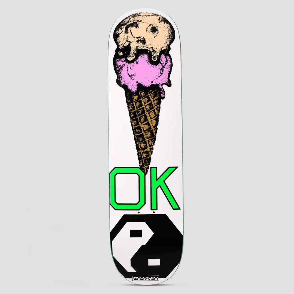Quasi Quasi 8.125 Okay 1 skateboard deck: Stippled double-scoop ice cream cone, peach over pink, above large green 'OK' lettering and a black yin-yang style symbol, on a white deck. Small Quasi logo at the tail.