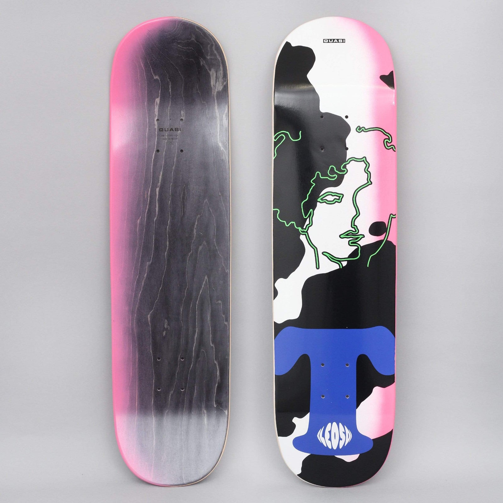 Quasi Quasi 8.25 Bledsoe Jane skateboard deck: Abstract graphic of a green neon outlined profile face over black and white blotches on a pink-fading deck, with a blue T-shaped form and small logo at the tail. Quasi logo at the top. Both sides shown.