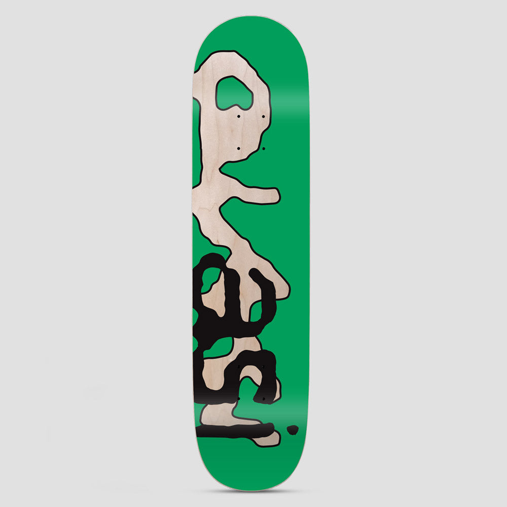 Quasi Quasi 8.25 Lowercase 1 skateboard deck: A wobbly hand-drawn outline of lowercase lettering in black and natural wood sits on a plain green deck, forming a stick-like figure shape.