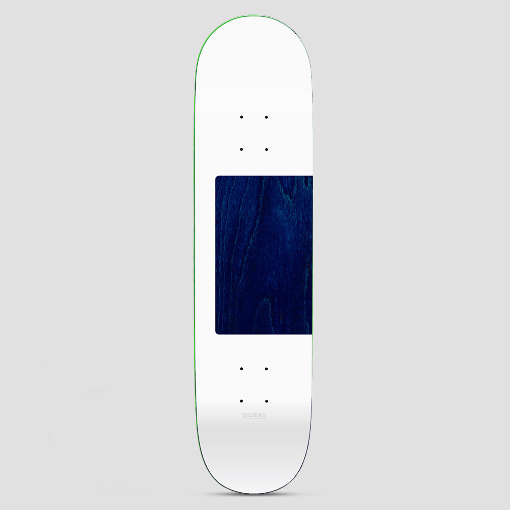 Quasi Quasi 8.25 Proto 1 skateboard deck: Plain white deck with a single dark navy stained-wood rectangle showing through across the middle, running off the right edge. Tiny Quasi wordmark near the tail.