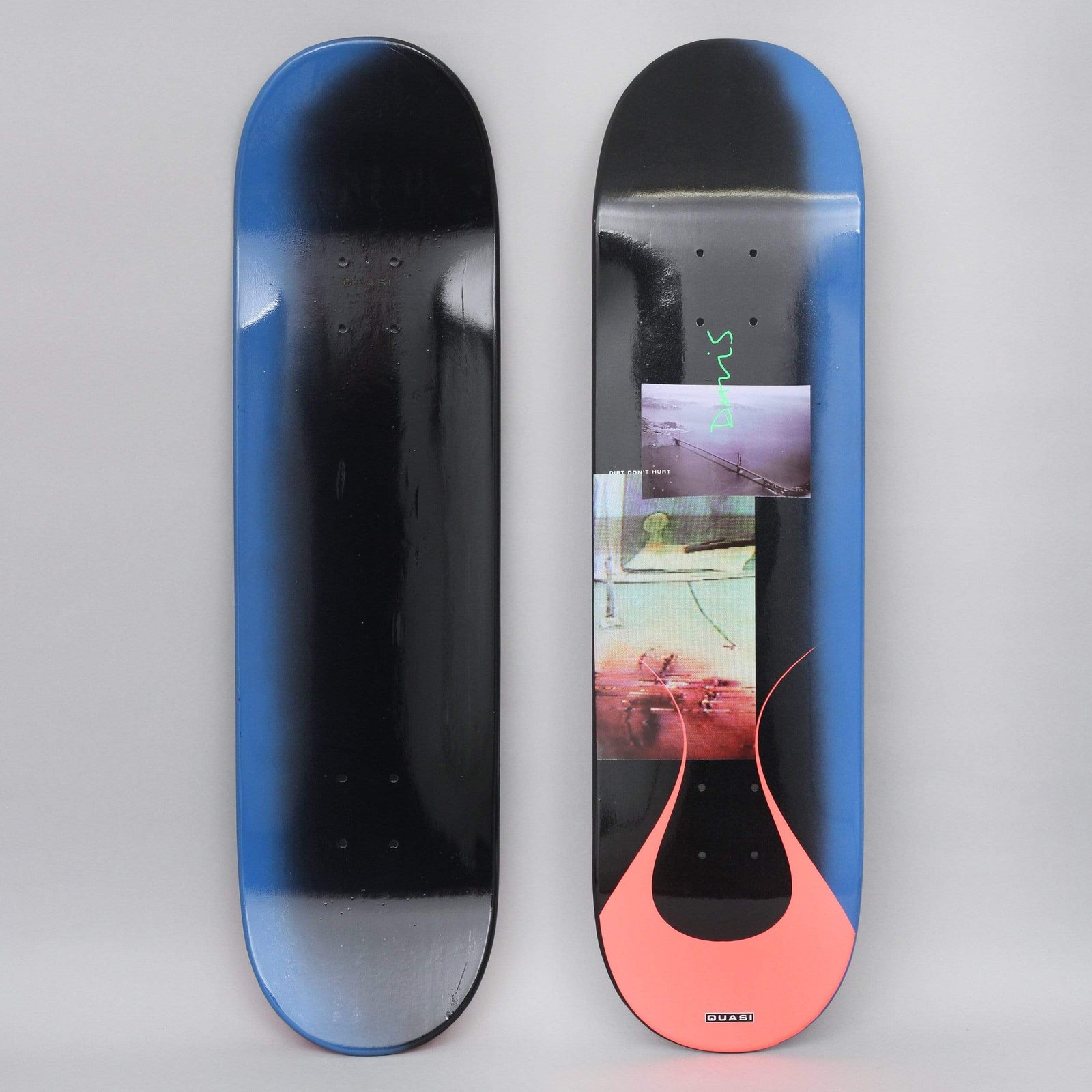 Quasi Quasi 8.375 Davis Dirt skateboard deck: Photo shows two decks, a plain black and blue faded one and the graphic side. Black deck with blue sprayed edges, a collage of three blurred landscape photos, green Davis signature and a large coral flame-like shape at the bottom.
