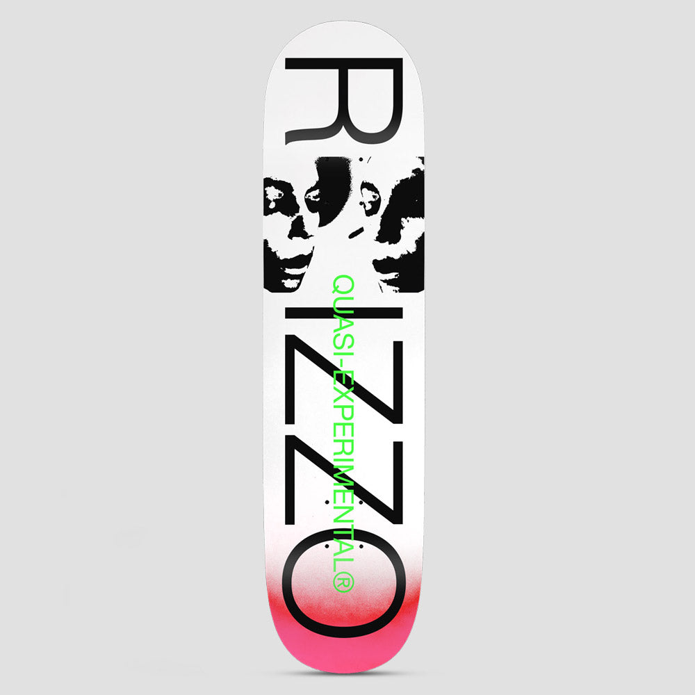 Quasi Quasi 8.375 Rizzo Two Face skateboard deck: White deck with huge black letters spelling the rider name down its length, a high-contrast black photocopy-style pair of faces across the middle, and green vertical 'Quasi-Experimental' text. The tail fades to hot pink.