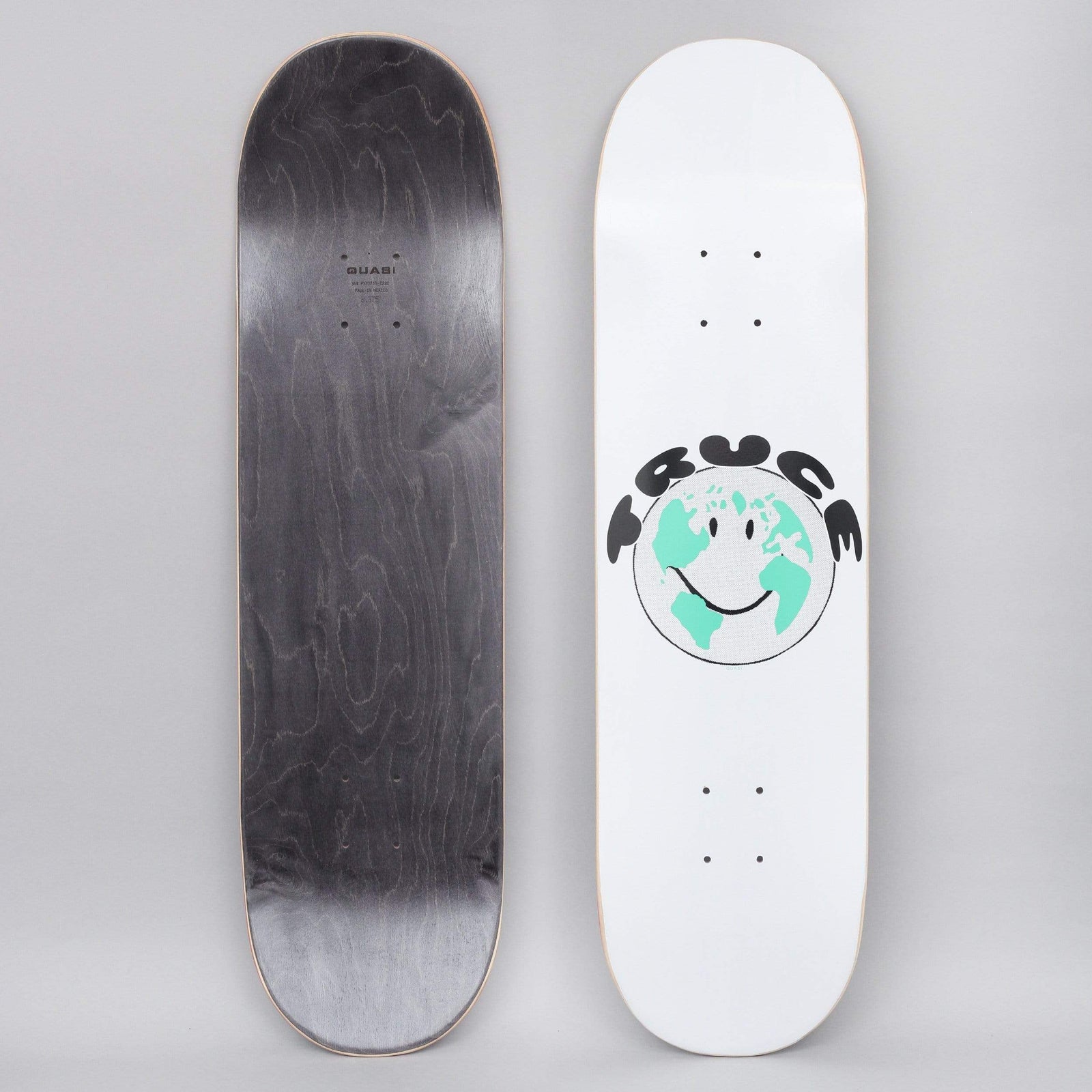 Quasi Quasi 8.375 Truce One White skateboard deck: White deck with a smiling globe face in mint green and grey, with 'TRUCE' arched over the top in bubbly black letters.