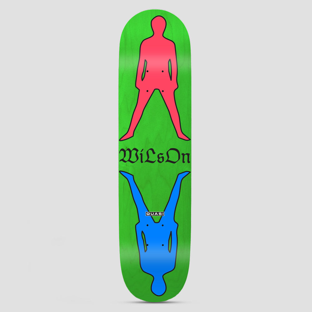 Quasi Quasi 8.375 Wilson Stance skateboard deck: Two mirrored silhouettes of a person standing with legs apart, one pink at the top and one blue upside down at the bottom, with blackletter Wilson lettering between them. Bright green deck with a small Quasi logo.