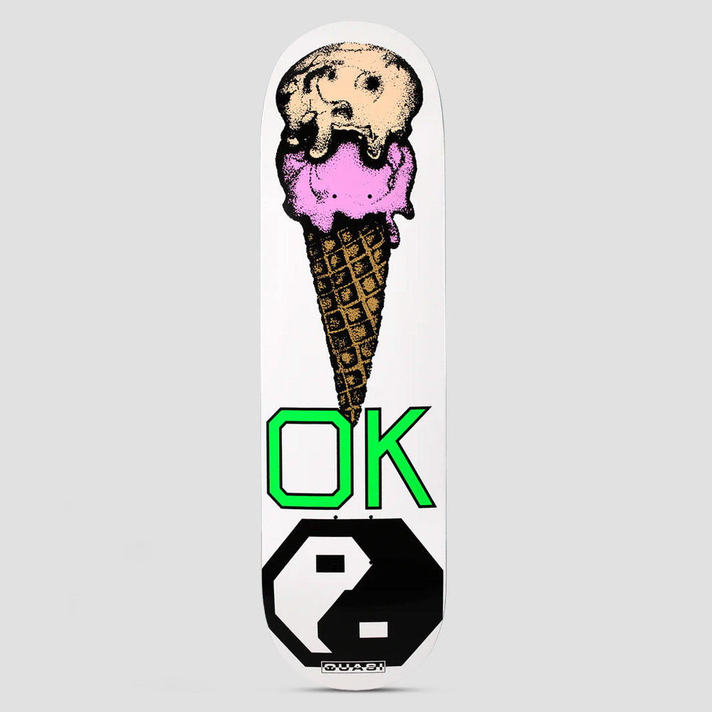 Quasi Quasi 8.625 Okay 2 skateboard deck: Stippled double-scoop ice cream cone in peach and pink pointing down to a large green 'OK' above a black and white yin-yang symbol, on a white deck.