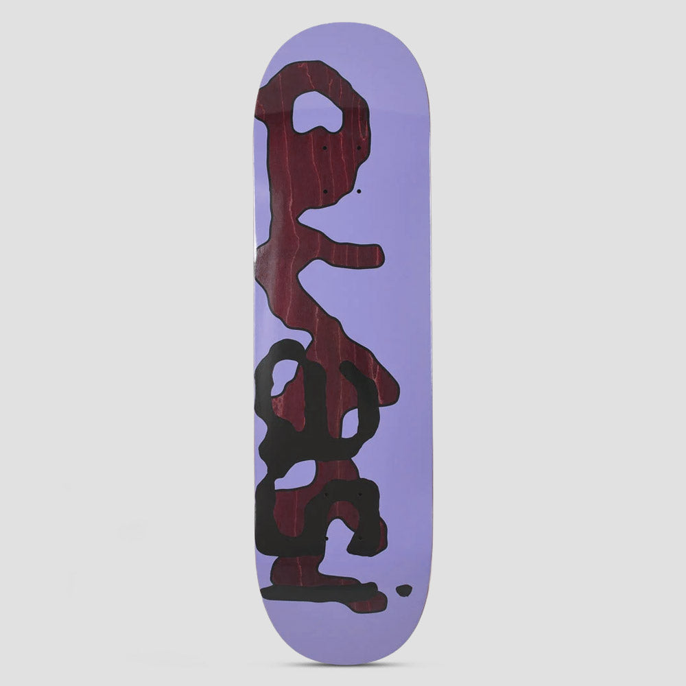 Quasi Quasi 8.75 Lowercase 2 skateboard deck: Large wobbly lowercase lettering reading 'quasi' running down the deck, in black and dark maroon wood-grain fill, on a flat lilac background.