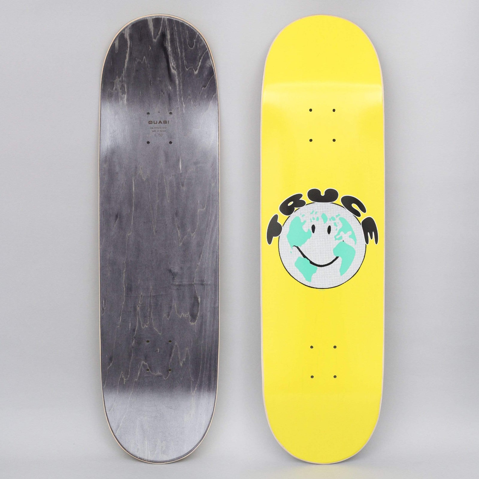 Quasi Quasi 8.75 Truce Two Yellow skateboard deck: Yellow deck with a grey globe with a smiley face and mint-green continents, with the word TRUCE in black bubbly letters arched over the top.