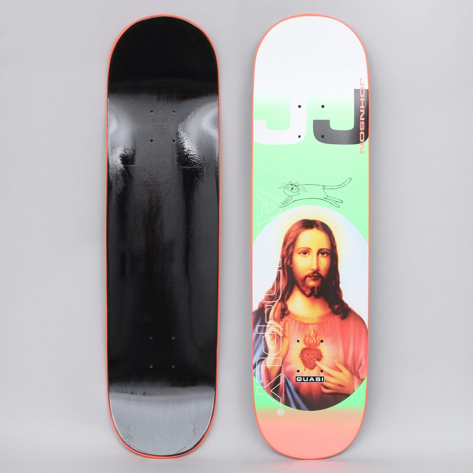 Quasi Quasi 8.25 Johnson Acid Ply Coral skateboard deck: A traditional religious portrait of a robed bearded figure showing a flaming sacred heart, set in an oval on a mint green and coral fade. Large 'JJ' lettering and a small line-drawn running cat sit above. Both top and underside are shown.