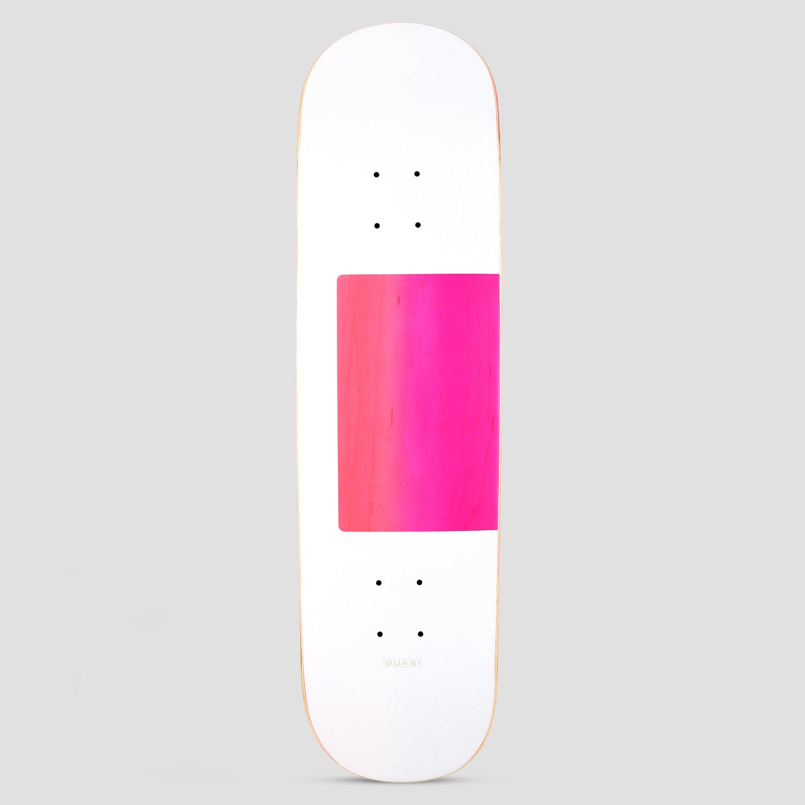 Quasi Quasi 8.25 Proto 1 SP24 skateboard deck: Plain white deck with a single pink rectangular block of bare stained wood showing in the middle and a tiny QUASI wordmark near the tail.