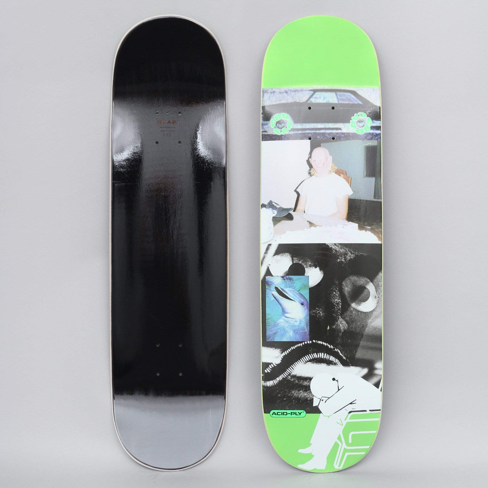 Quasi Quasi 8.5 CBD Car Green skateboard deck: Stacked grainy photo collage on a bright green deck: a dark car with decorated wheels, a bald figure seated at a table, a dolphin hologram over a black cat-like face, and a white seated figure silhouette. Small Acid-Ply tag. Black underside also shown.