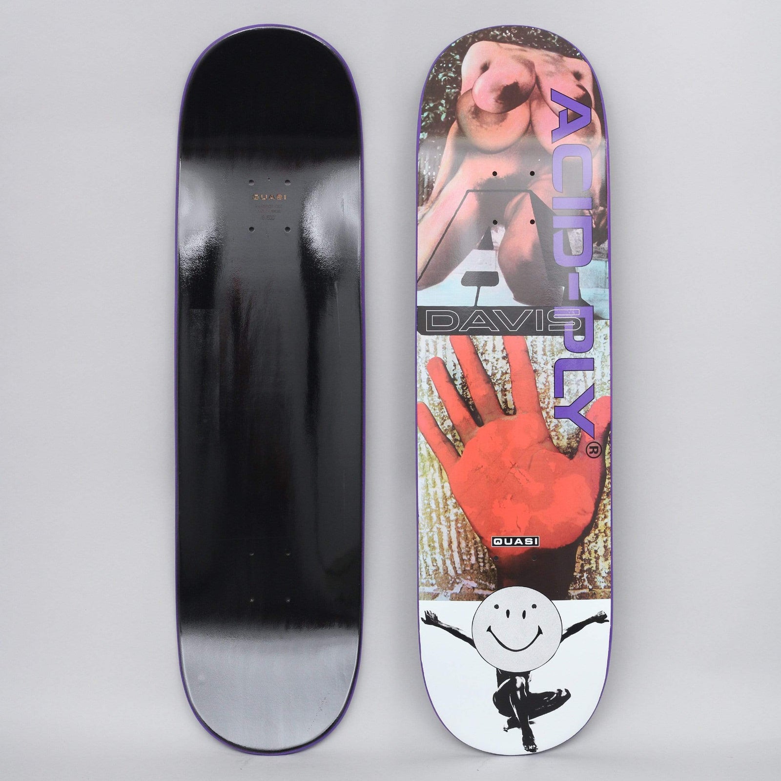 Quasi Quasi 8.5 Davis Acid Ply Purple skateboard deck: Stacked collage panels: a nude torso photo, a large red hand, and a black and white smiley-faced figure with arms out. Purple 'ACID-PLY' lettering runs down one side, with 'DAVIS' and a Quasi logo.