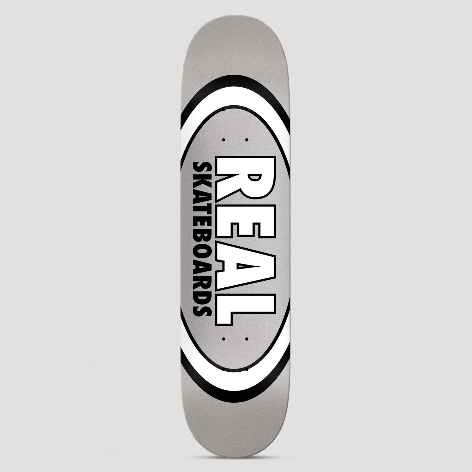 Real Team Classic Oval True Mid Grey skateboard deck: Mid-grey deck with the Real classic oval logo in white and black, with REAL SKATEBOARDS lettering inside the oval.