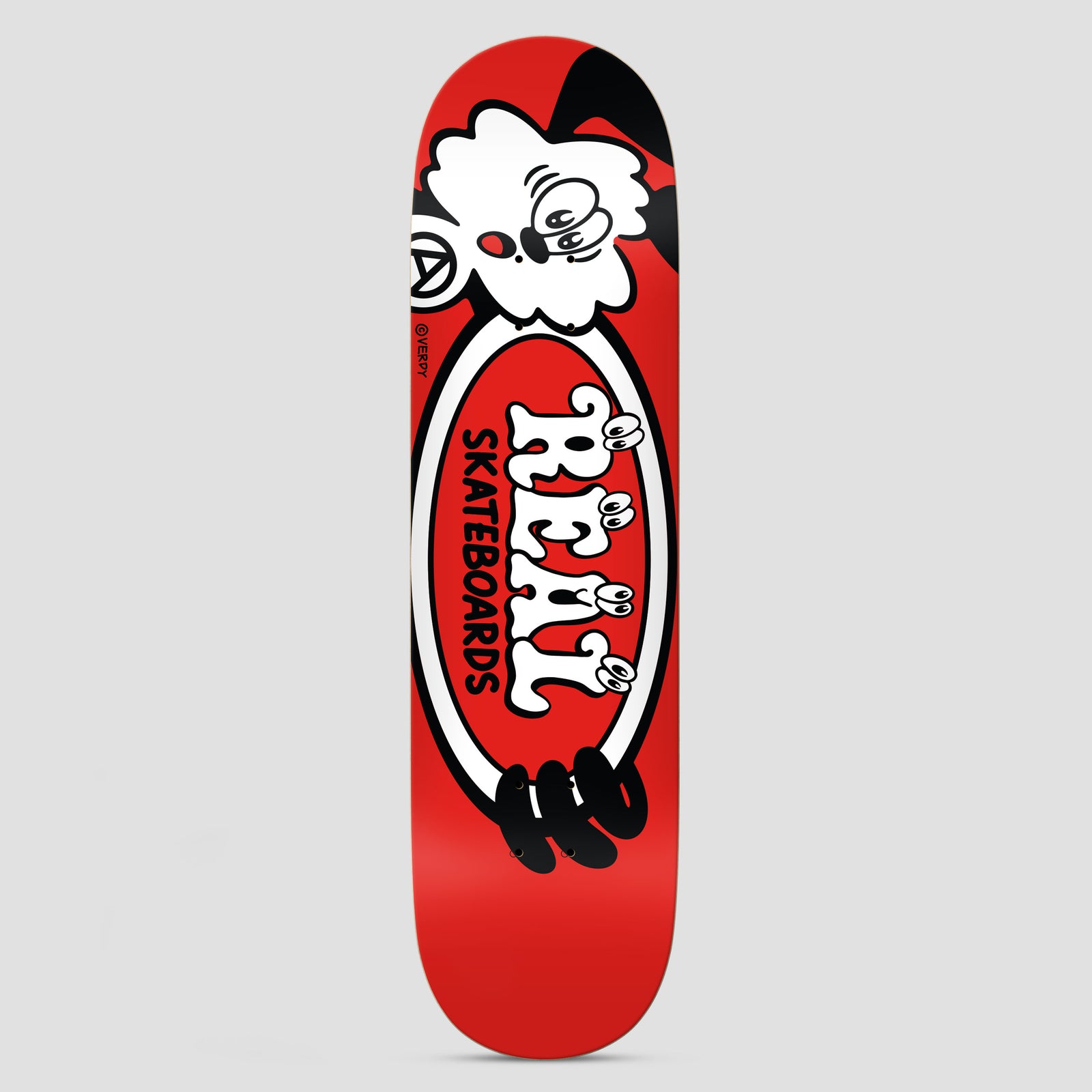 Real Skate Shop Day 26 Verdy Oval skateboard deck: Red deck with the Real oval logo spelled in cartoon lettering with eyes, a fluffy white cartoon rabbit with a red nose above and black cartoon hands gripping from below. Small anarchy symbol and Verdy credit.