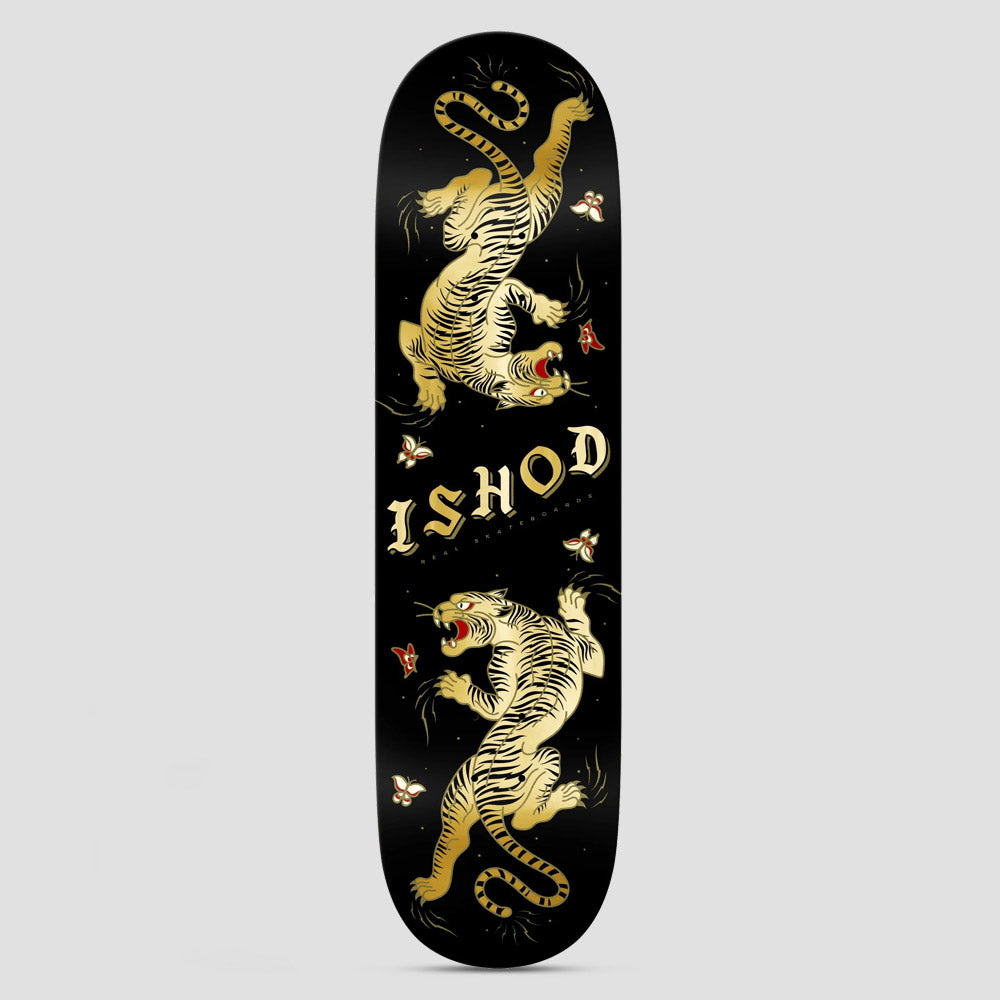 Real Cat Scratch Ishod TT DBX Black skateboard deck: Two gold tigers in traditional tattoo style, one upside down, face each other on a black deck, with small red-and-gold butterflies. Ishod is lettered in gold gothic type in the centre.